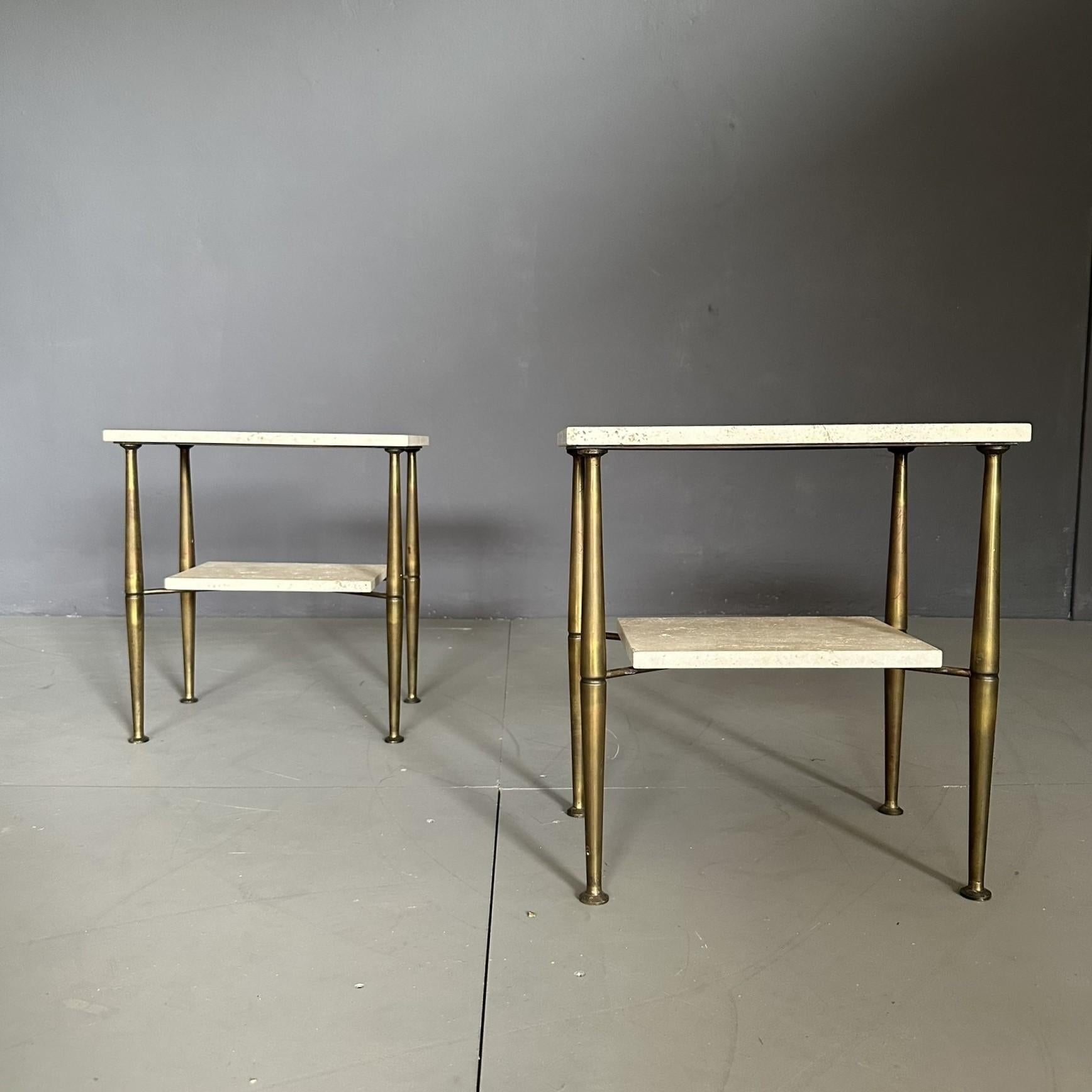 Pair of seventies bedside tables, Italian manufacture.
The bedside tables have a brass structure with travertine marble tops.
Given their shape they can also be used as coffee tables.
Two item availables.
