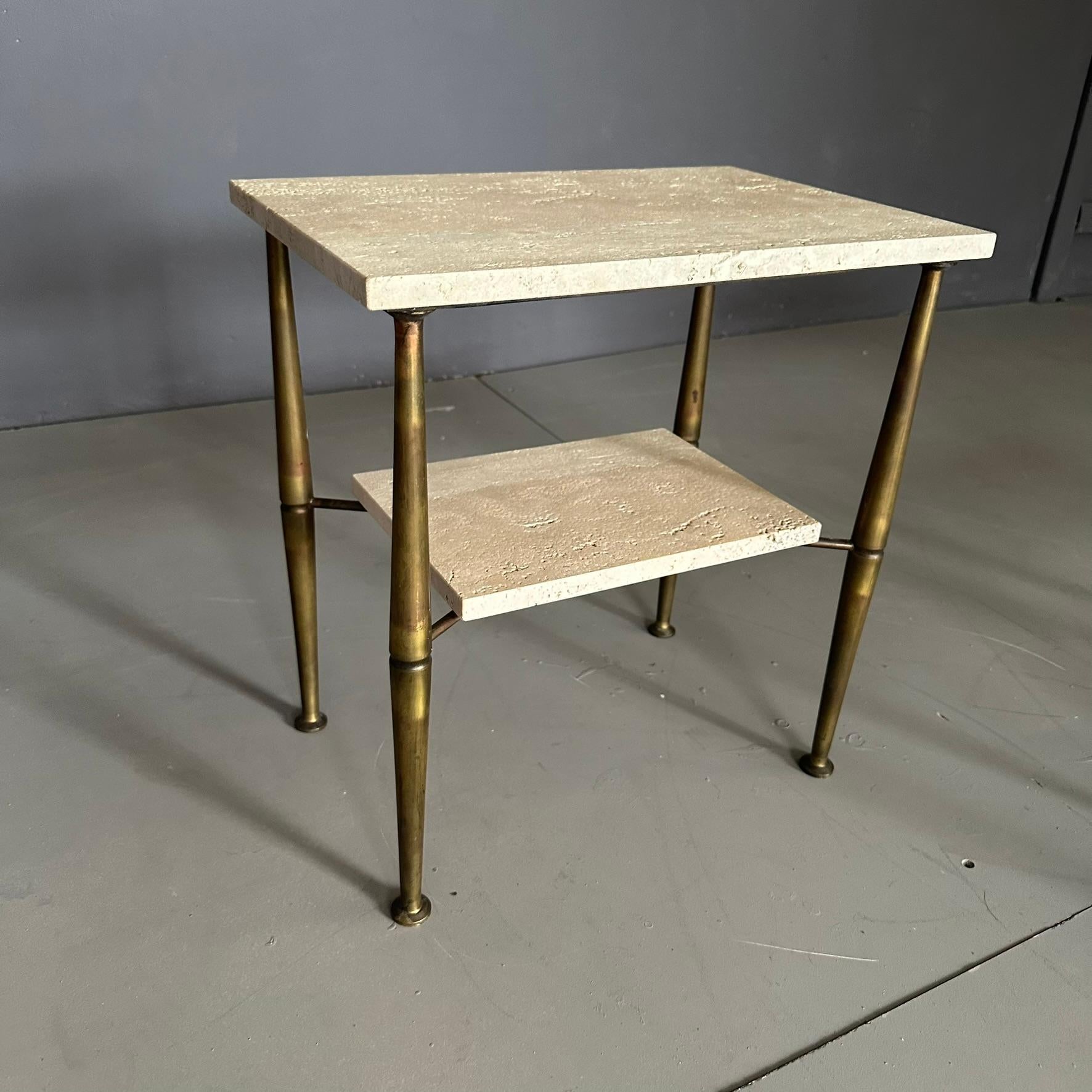 Mid-Century Modern Pair of seventies bedside tables Italian manufacture brass and travertine marble For Sale