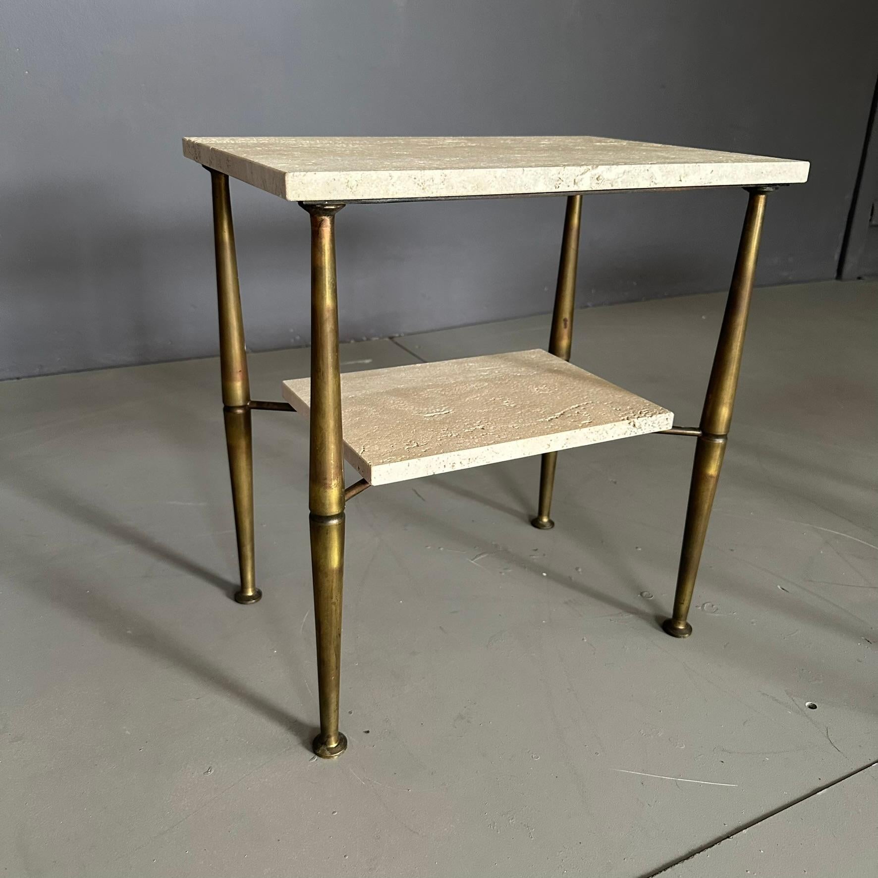 Pair of seventies bedside tables Italian manufacture brass and travertine marble In Good Condition For Sale In Milan, IT