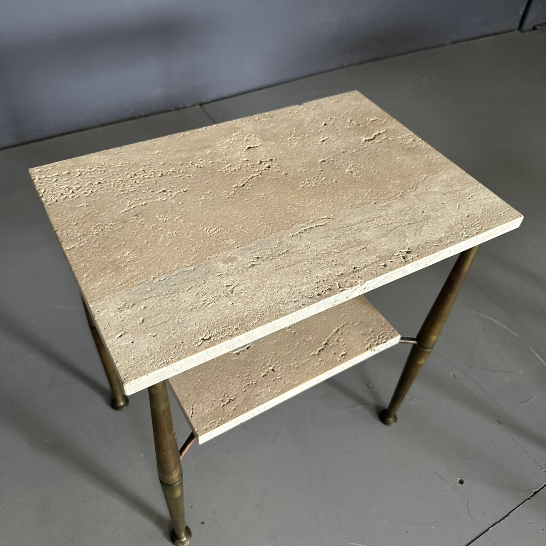 Late 20th Century Pair of seventies bedside tables Italian manufacture brass and travertine marble For Sale