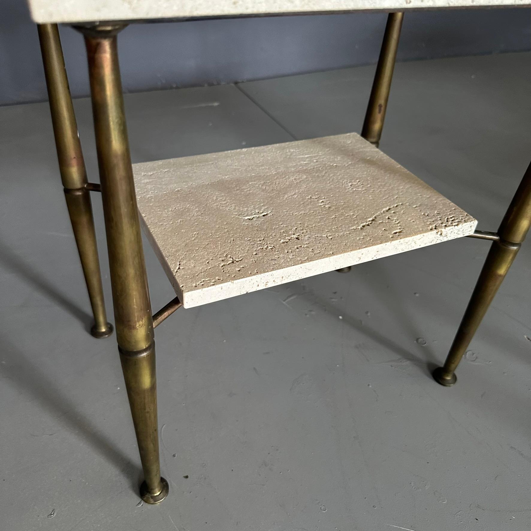 Brass Pair of seventies bedside tables Italian manufacture brass and travertine marble For Sale