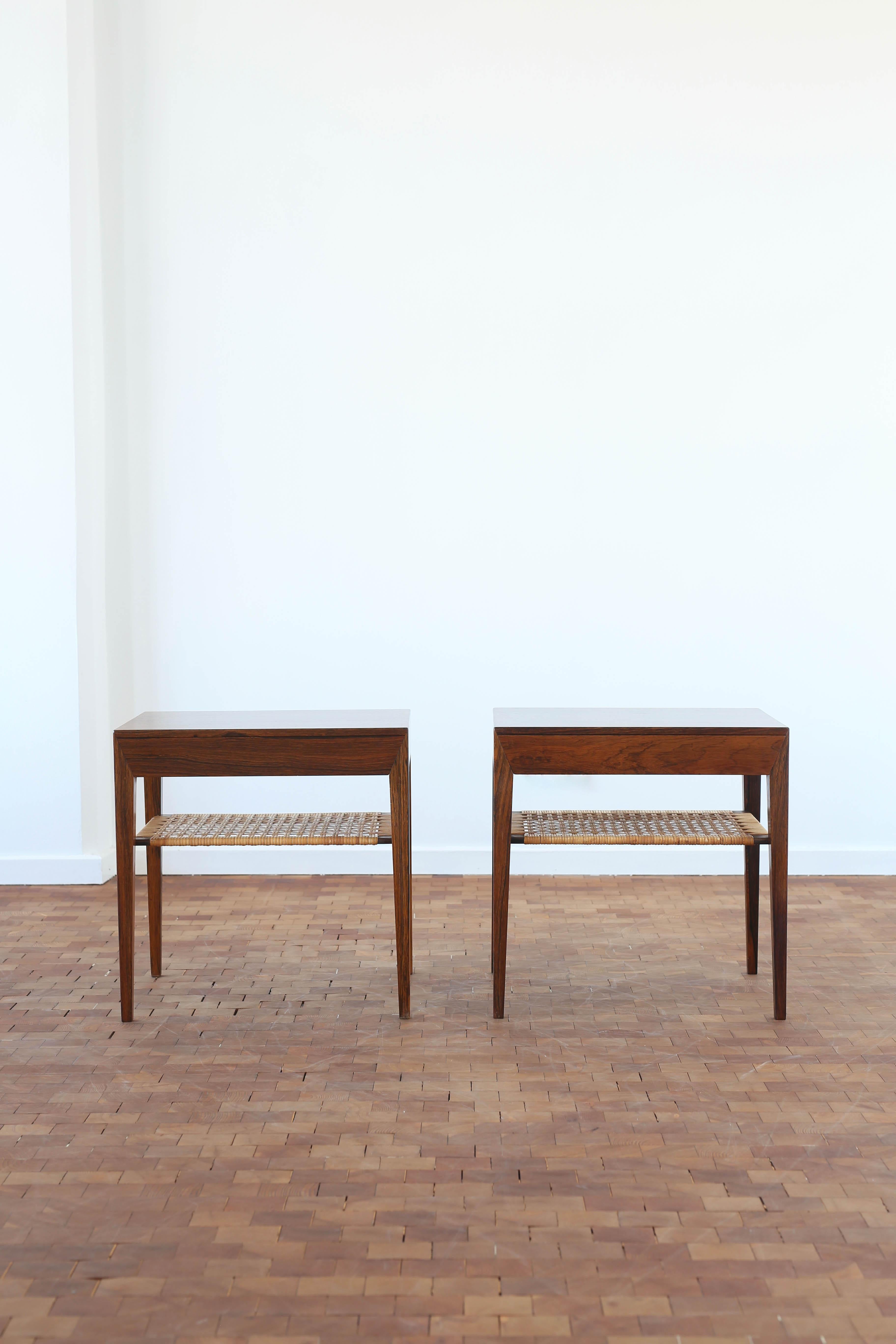 Scandinavian Modern Pair of Severin Hansen Rosewood and cane Side Tables For Sale