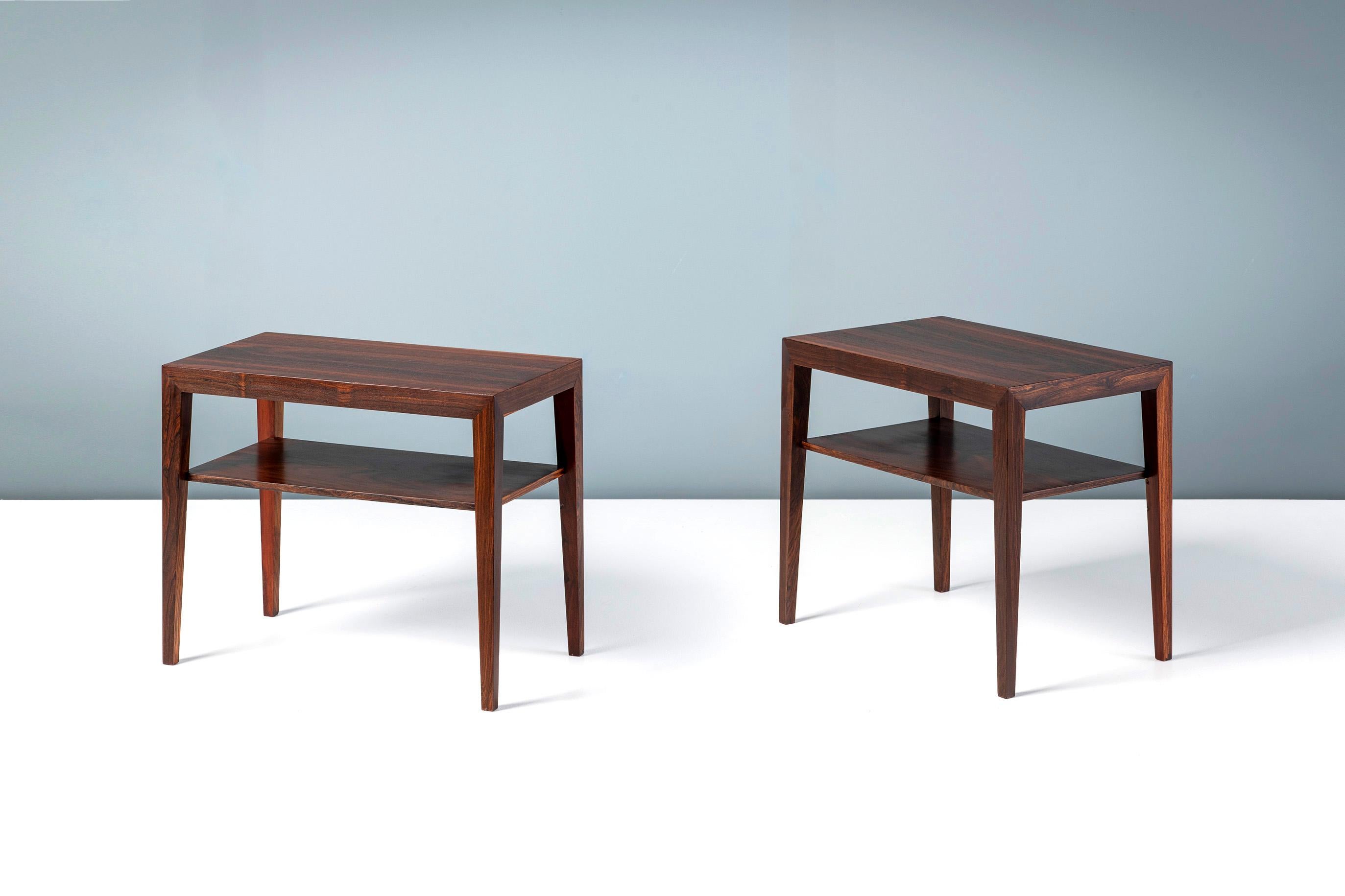 Severin Hansen - Rosewood side Tables, 1950s.

Pair of side tables with shelves below. Produced by Haslev Mobelsnedkeri, Denmark in figured rosewood veneer with solid legs. Refinished in Danish oil at our workshops in London.