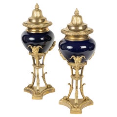 Pair of Sèvres Blue Porcelain Cassolettes, Napoleon III Period, 19th Century.