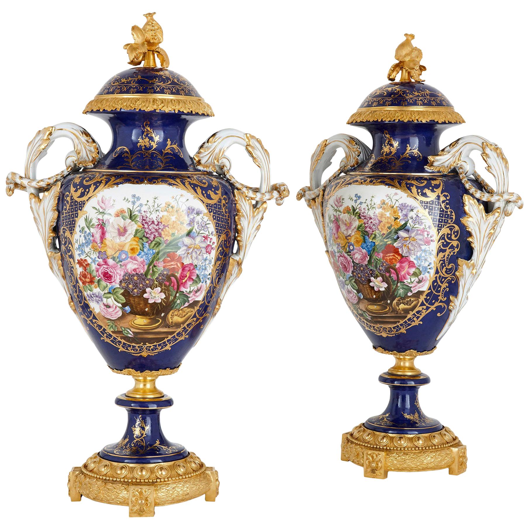 Pair of Sèvres Blue Rococo Style Porcelain and Gilt Bronze Vases