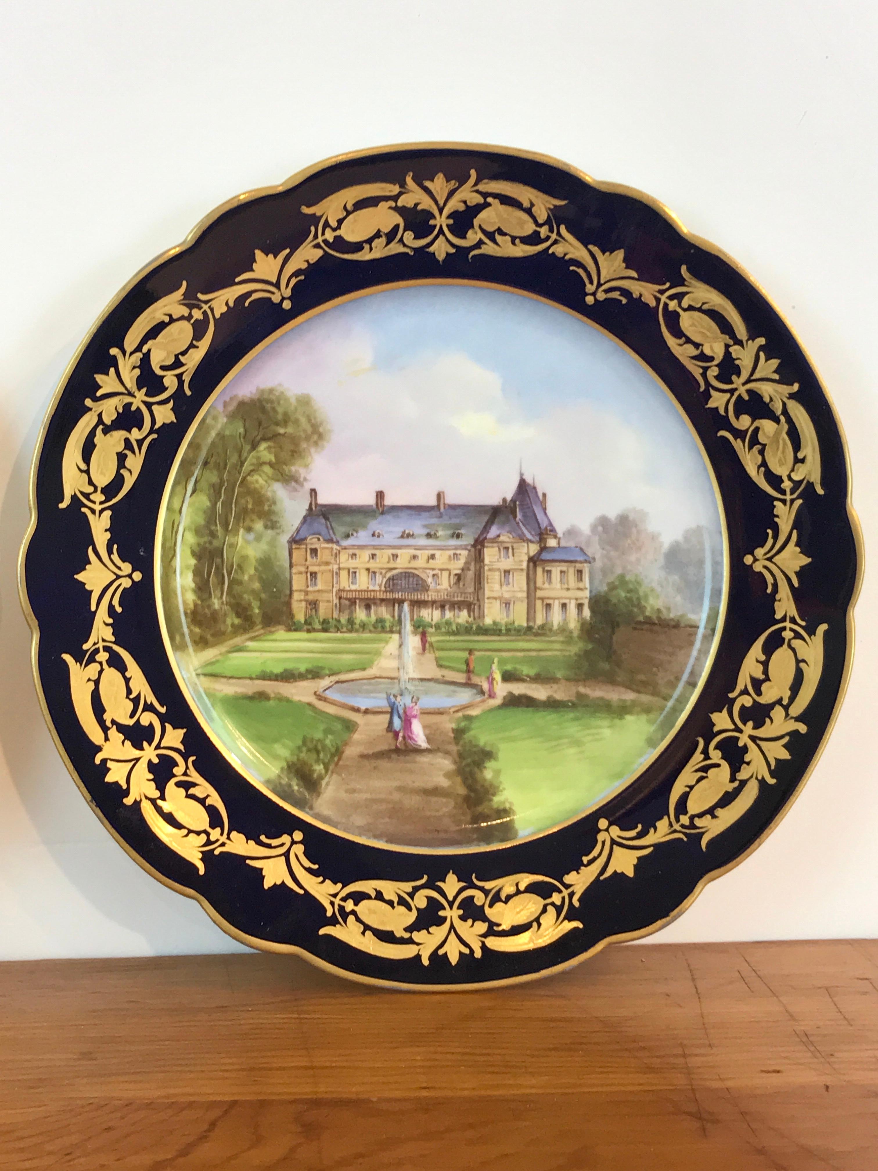 Hand-Painted Pair of Sevres Chateau Plates