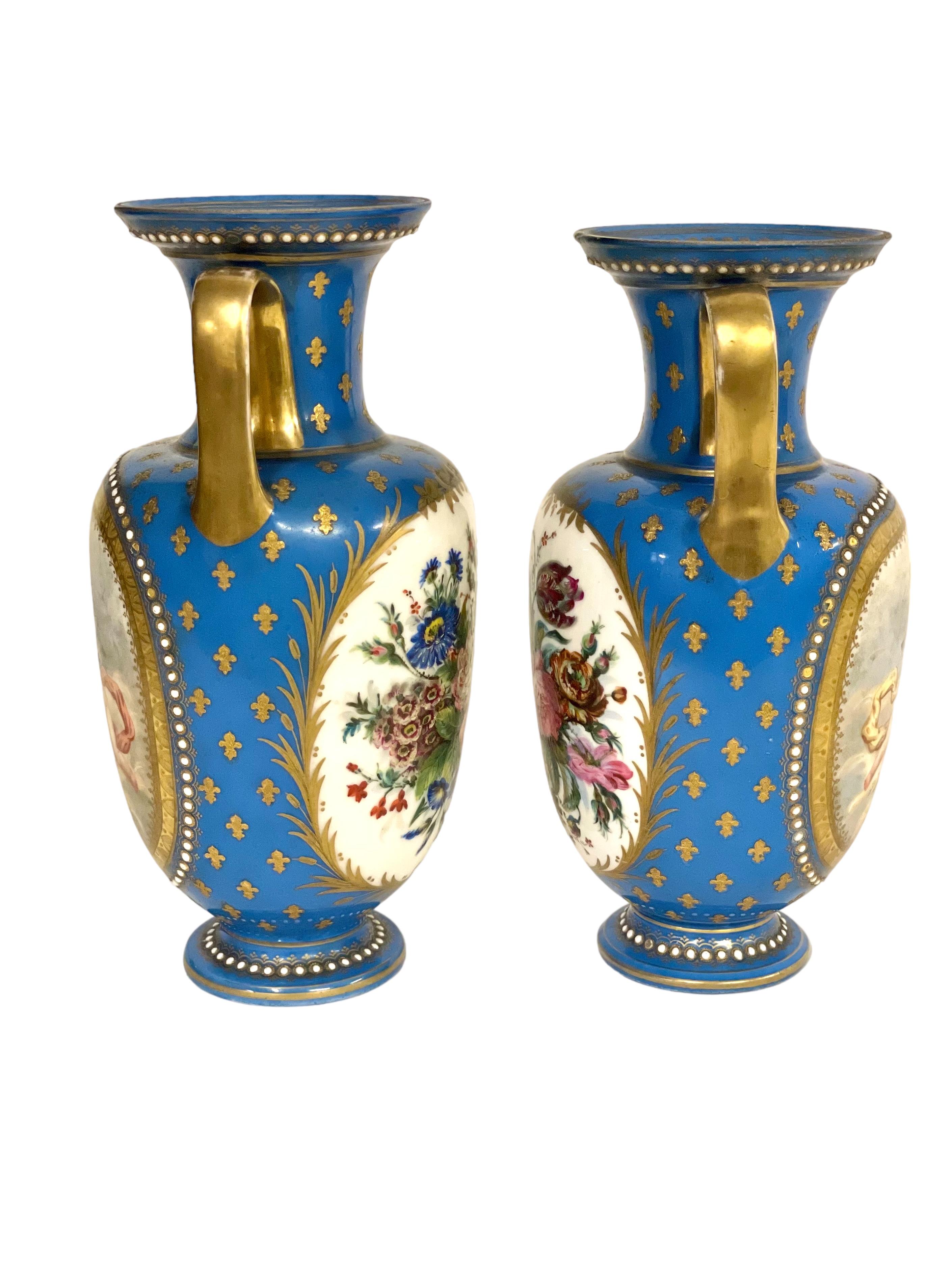 Hand-Painted Sèvres Pair of Gilded and Blue Porcelain Vases, 19th Century