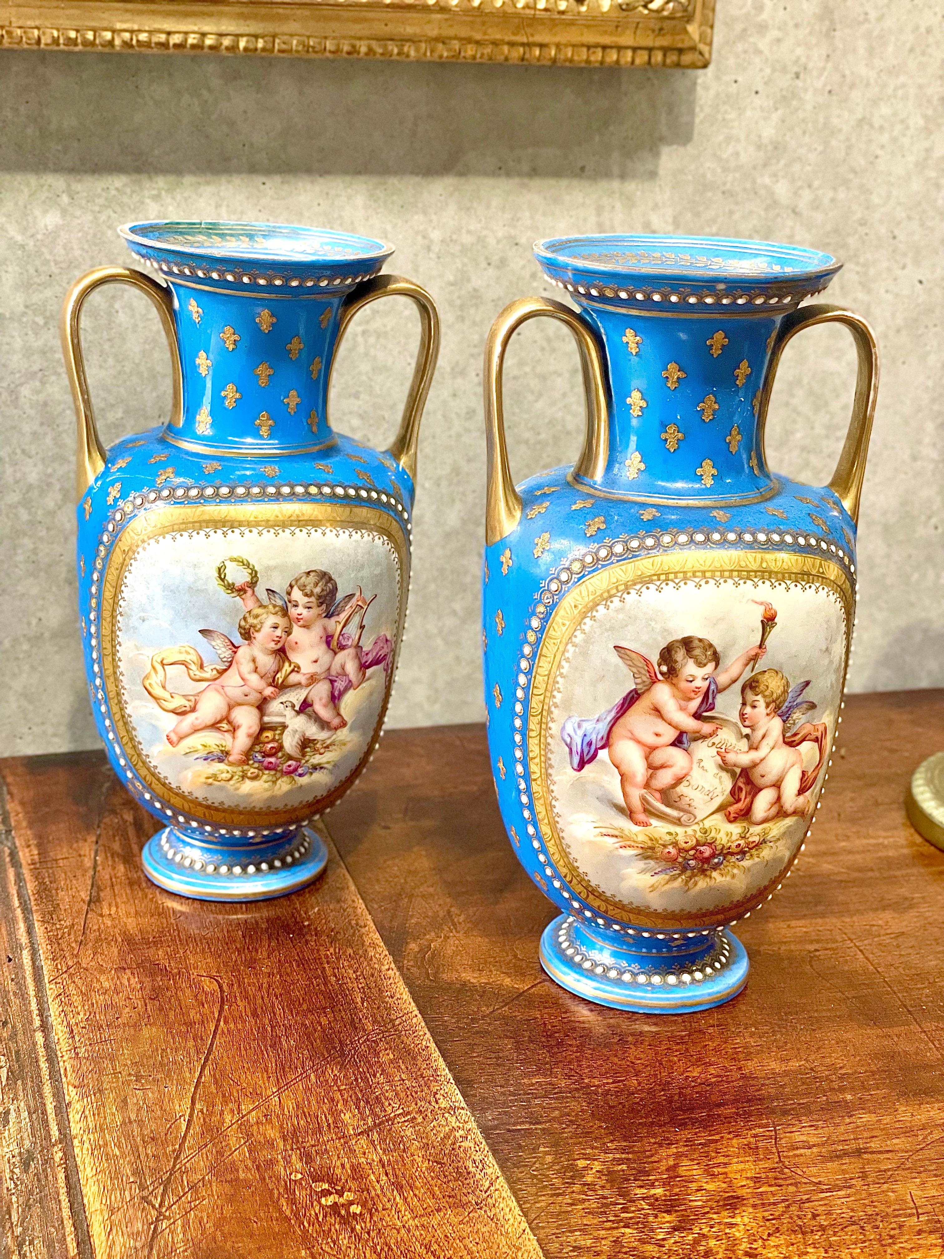 Sèvres Pair of Gilded and Blue Porcelain Vases, 19th Century For Sale 1