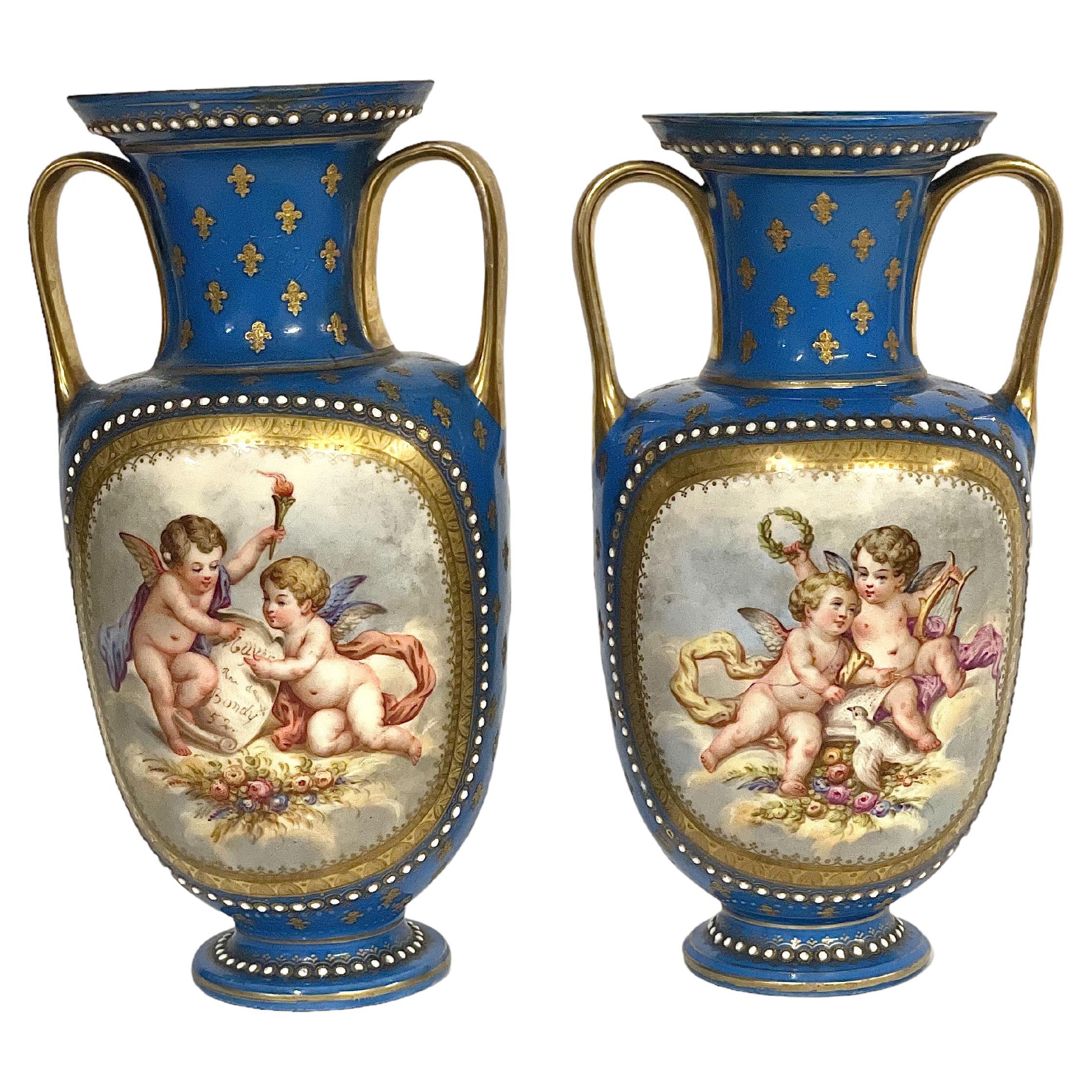 Sèvres Pair of Gilded and Blue Porcelain Vases, 19th Century For Sale