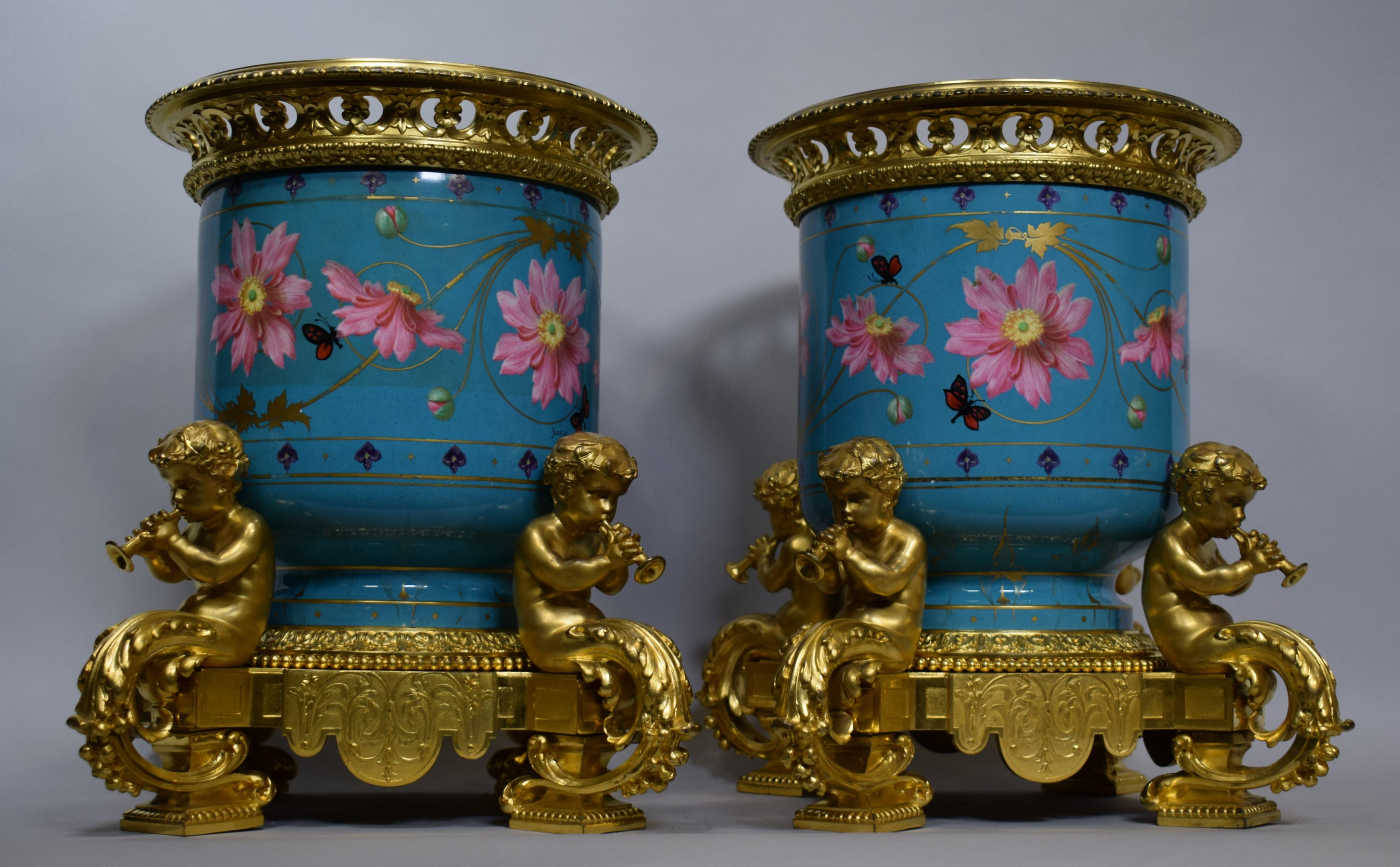 Pair of Sevres Gilt Bronze & Porcelain Urns For Sale 5