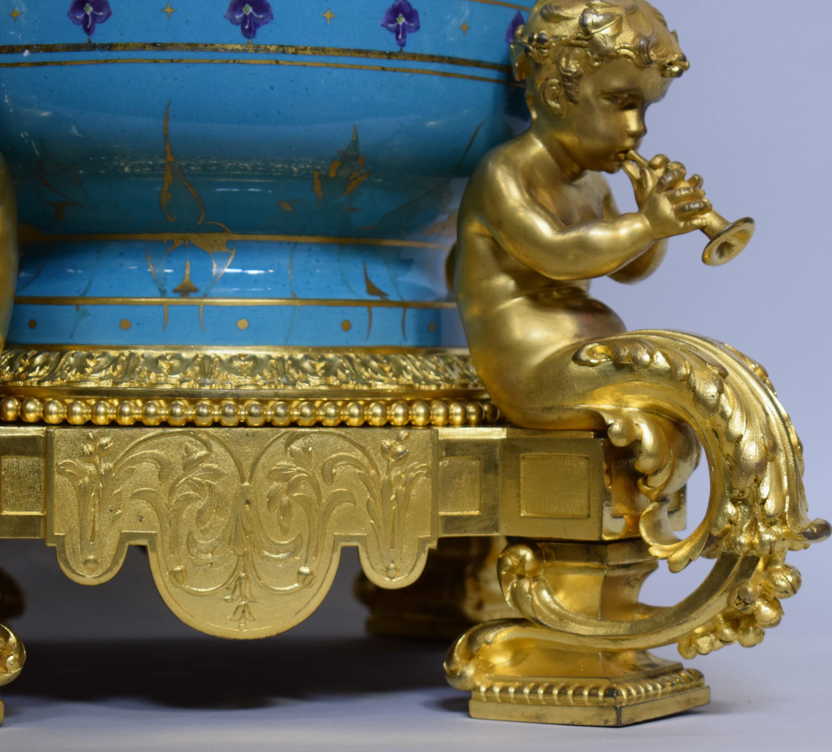 Pair of Sevres Gilt Bronze & Porcelain Urns For Sale 7