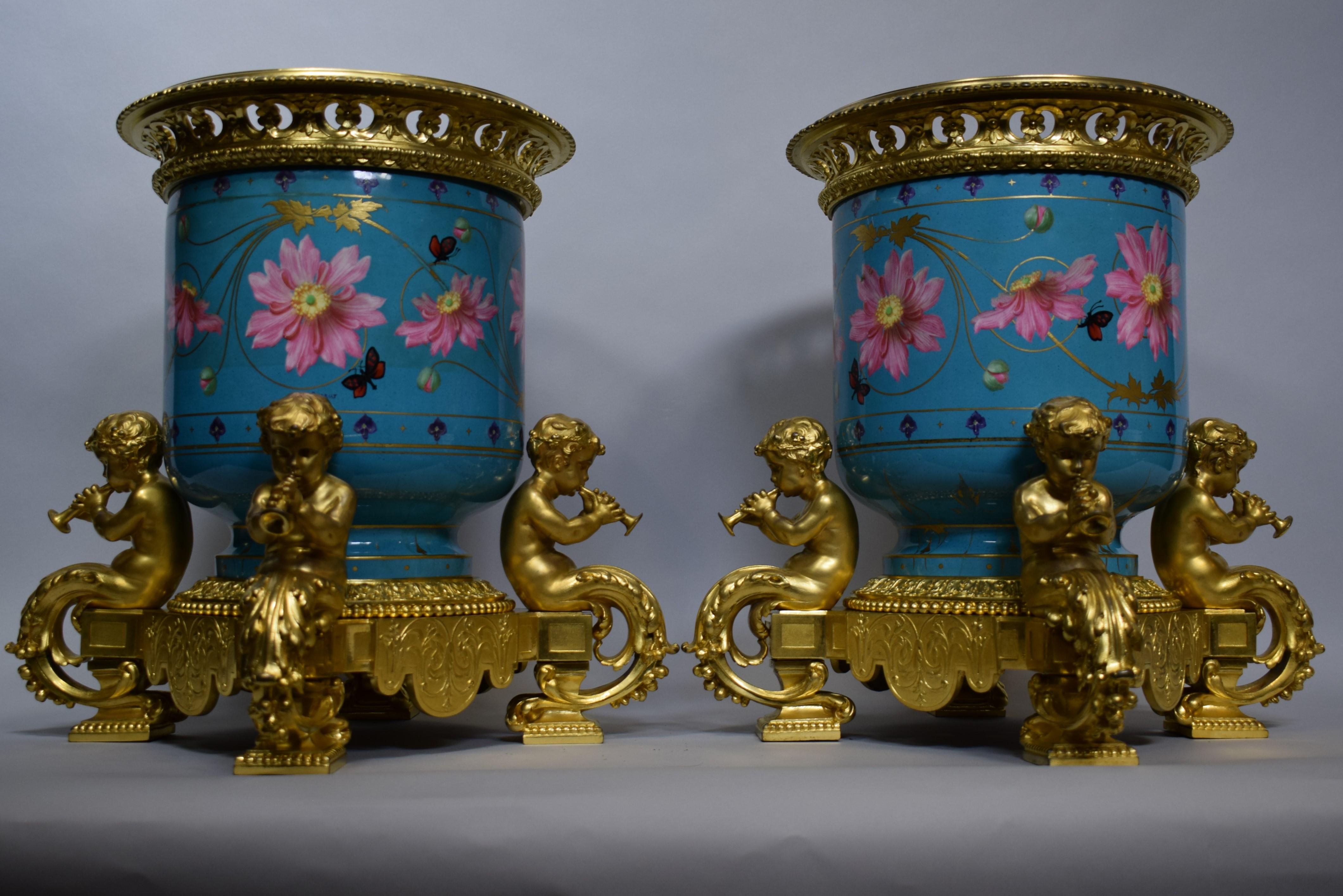 Pair of Sevres Gilt Bronze & Porcelain Urns For Sale 9