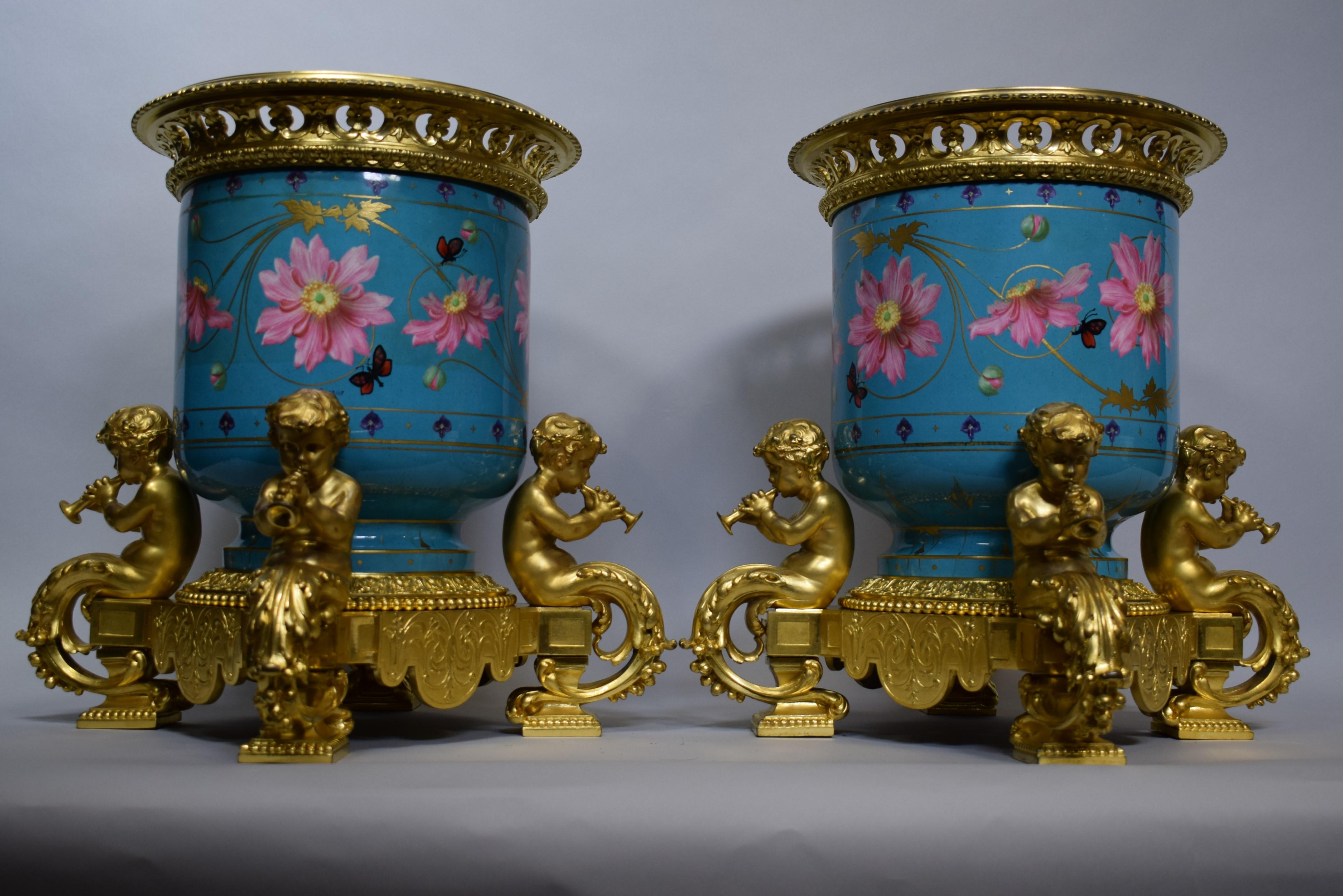 Pair of Sevres Gilt Bronze & Porcelain Urns For Sale 11