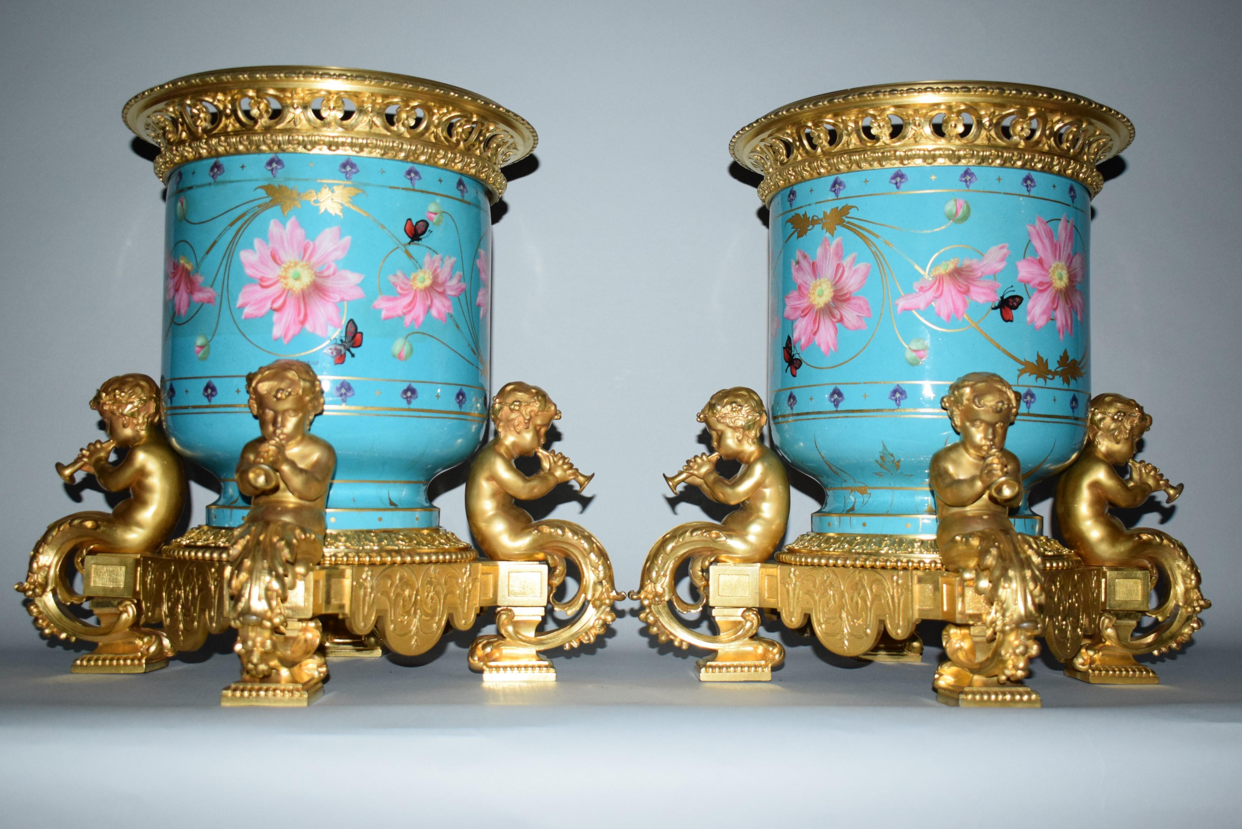 Pair of Sevres Gilt Bronze & Porcelain Urns For Sale 13