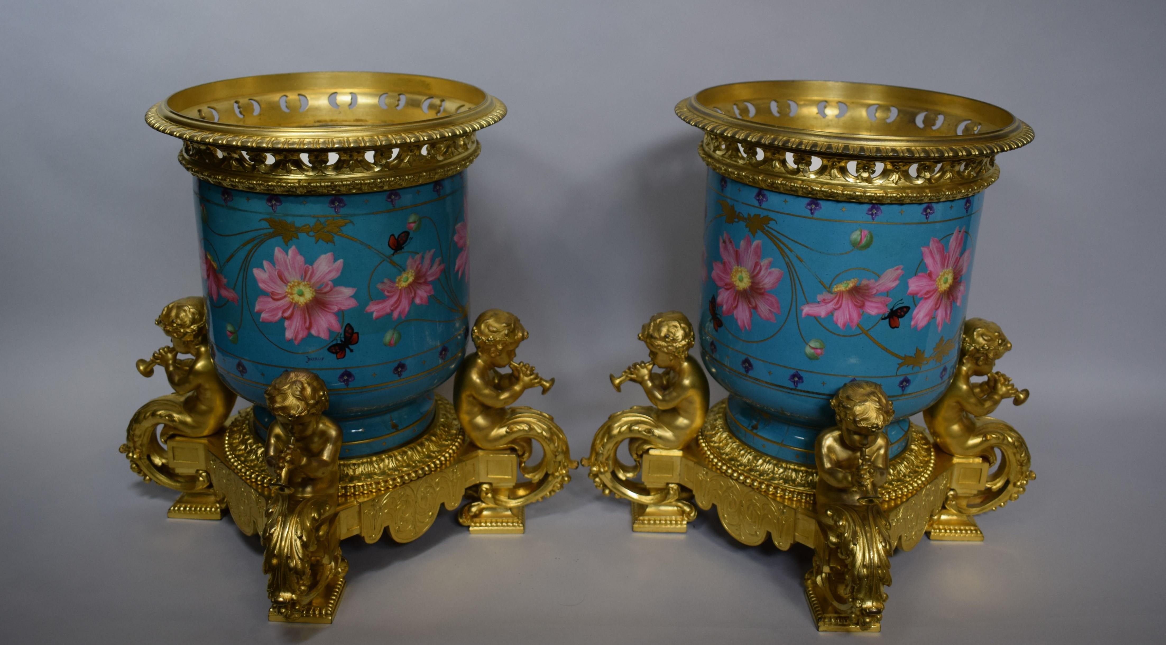 Pair of Sevres Gilt Bronze & Porcelain Urns For Sale 15