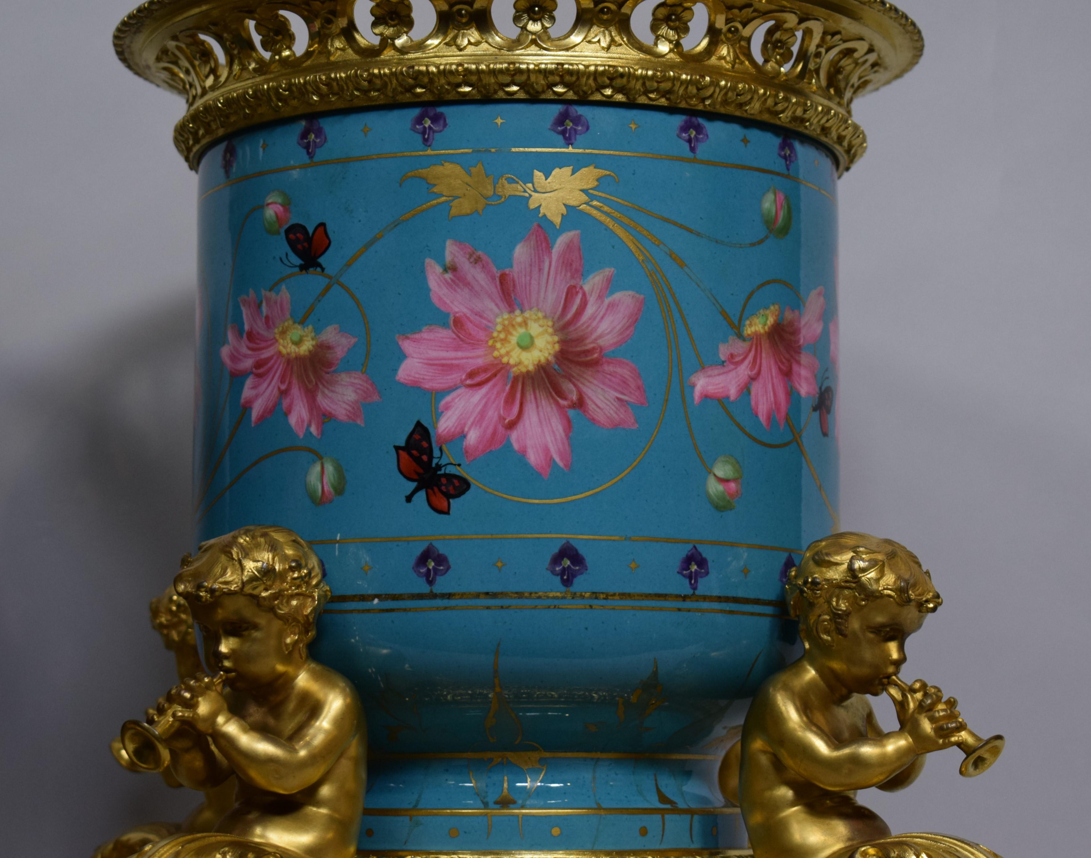 French Pair of Sevres Gilt Bronze & Porcelain Urns For Sale