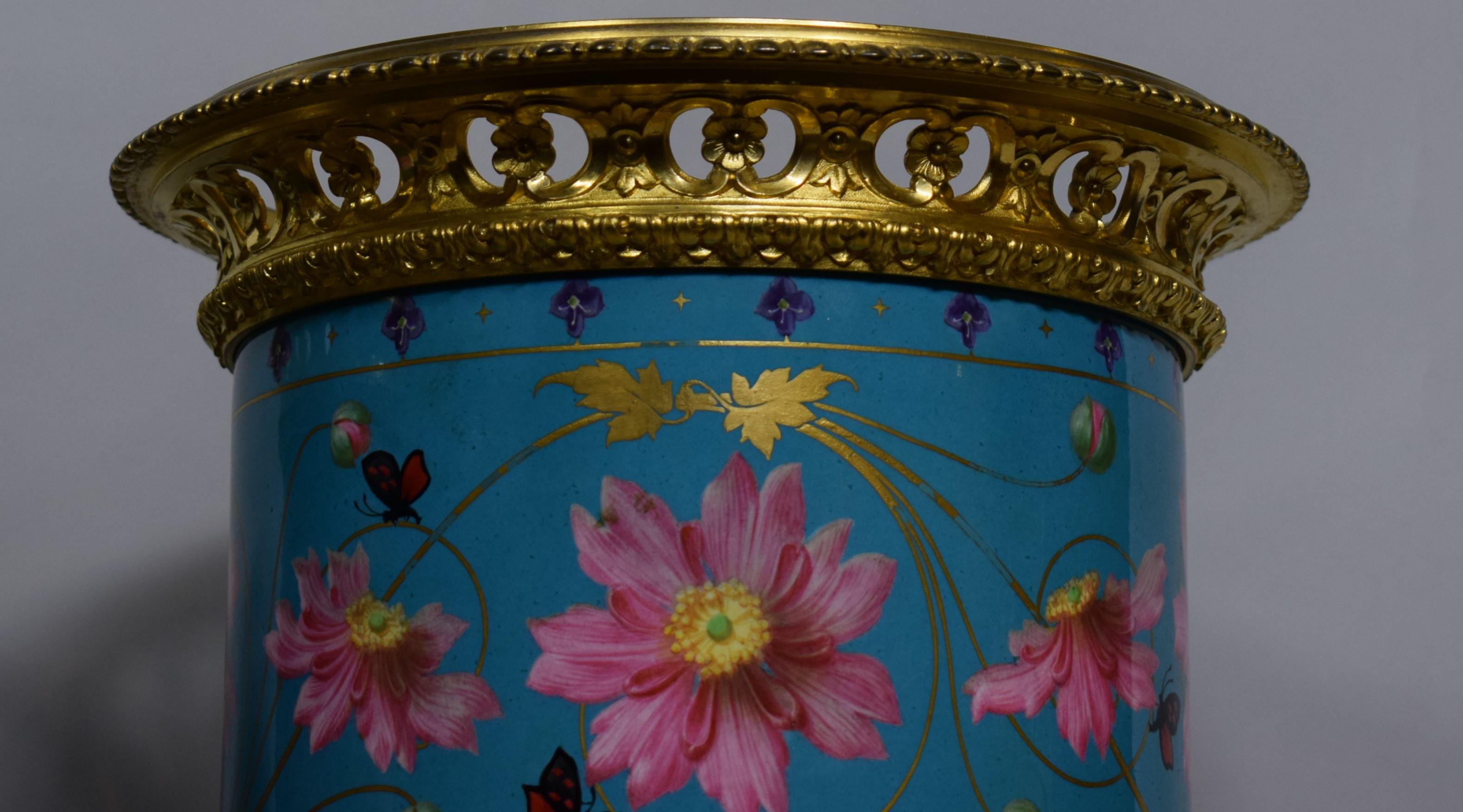 Pair of Sevres Gilt Bronze & Porcelain Urns In Good Condition For Sale In Atlanta, GA