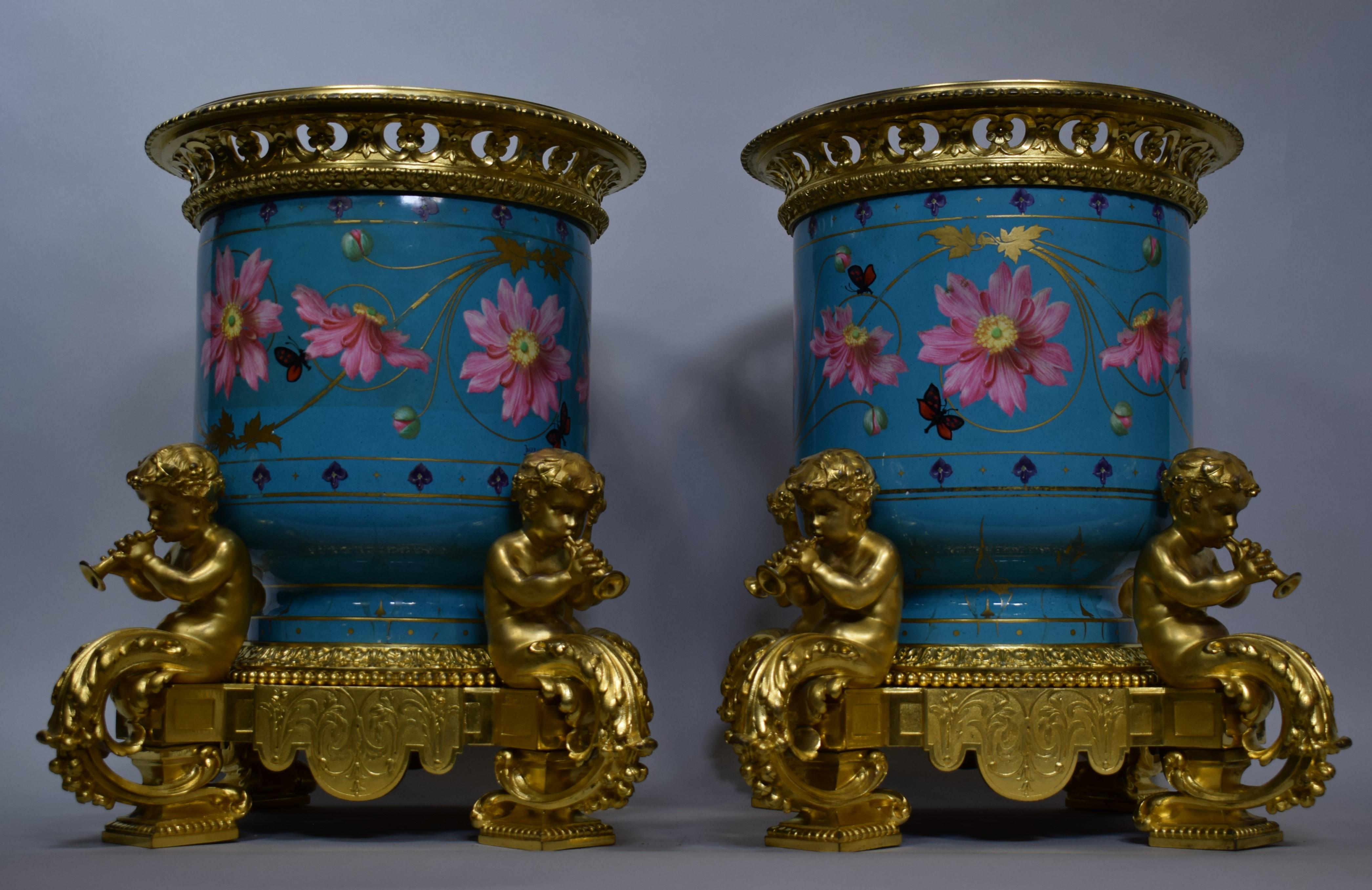 Mid-19th Century Pair of Sevres Gilt Bronze & Porcelain Urns For Sale