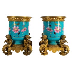 Pair of Sevres Gilt Bronze & Porcelain Urns