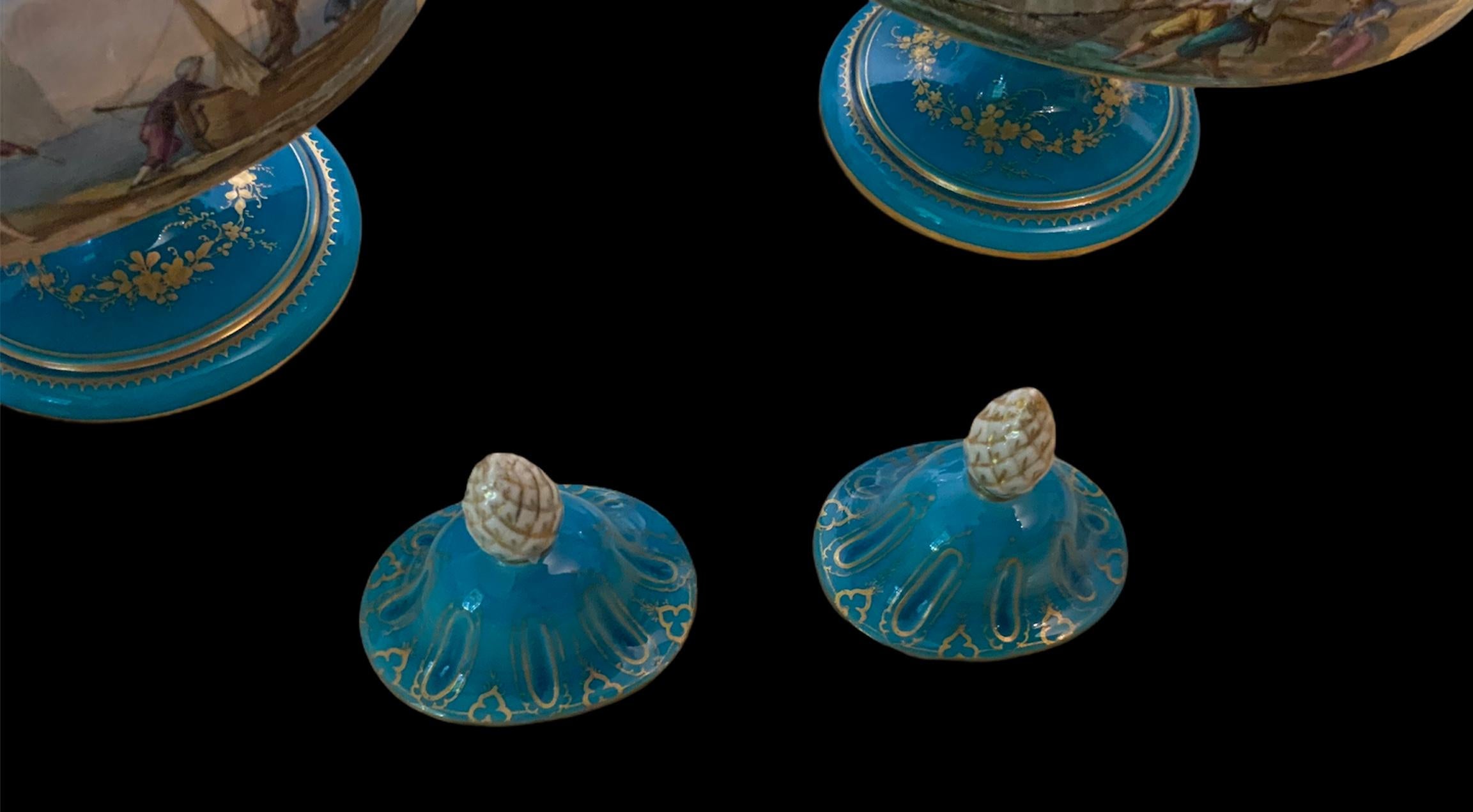 Neoclassical Pair of Sevres Hand Painted Turquoise Porcelain Lidded Urns For Sale