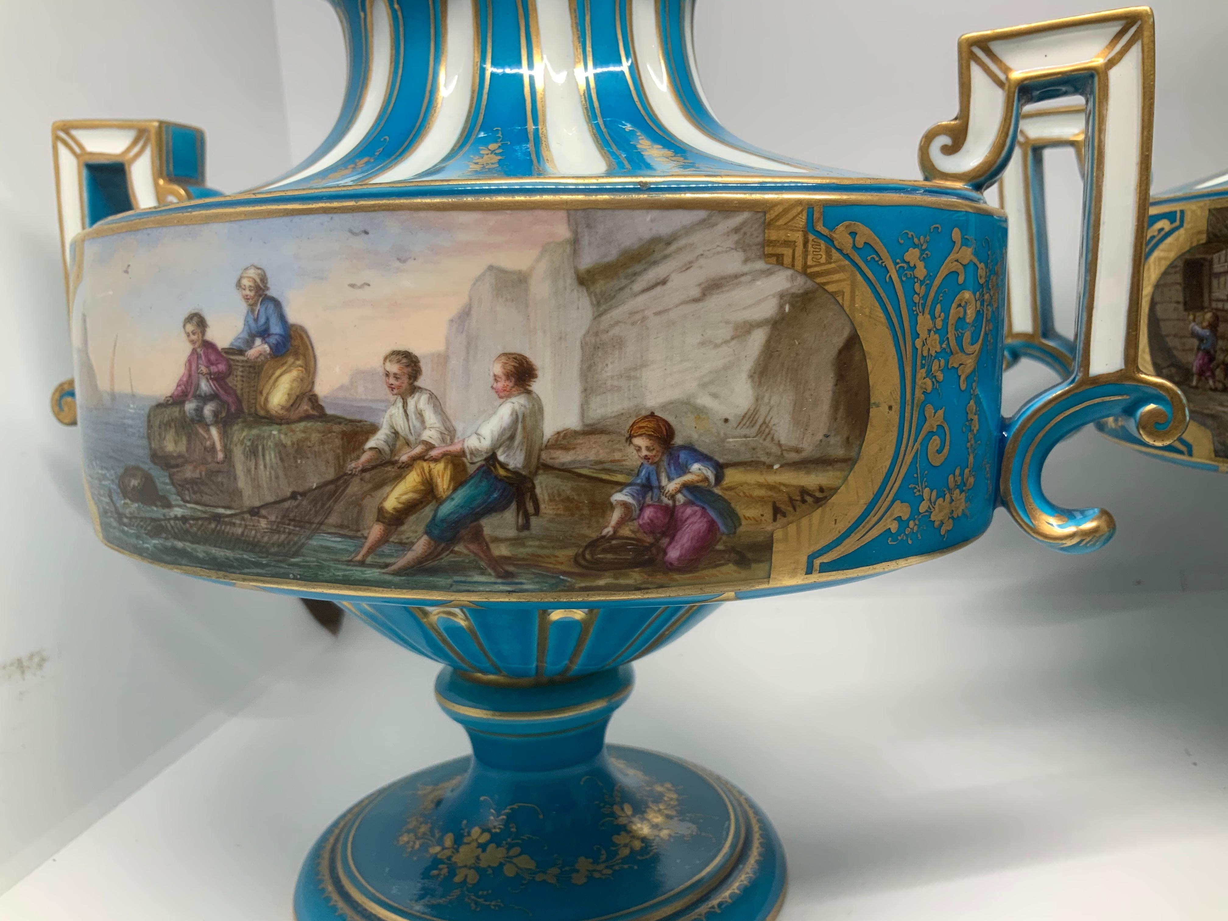 French Pair of Sevres Hand Painted Turquoise Porcelain Lidded Urns For Sale