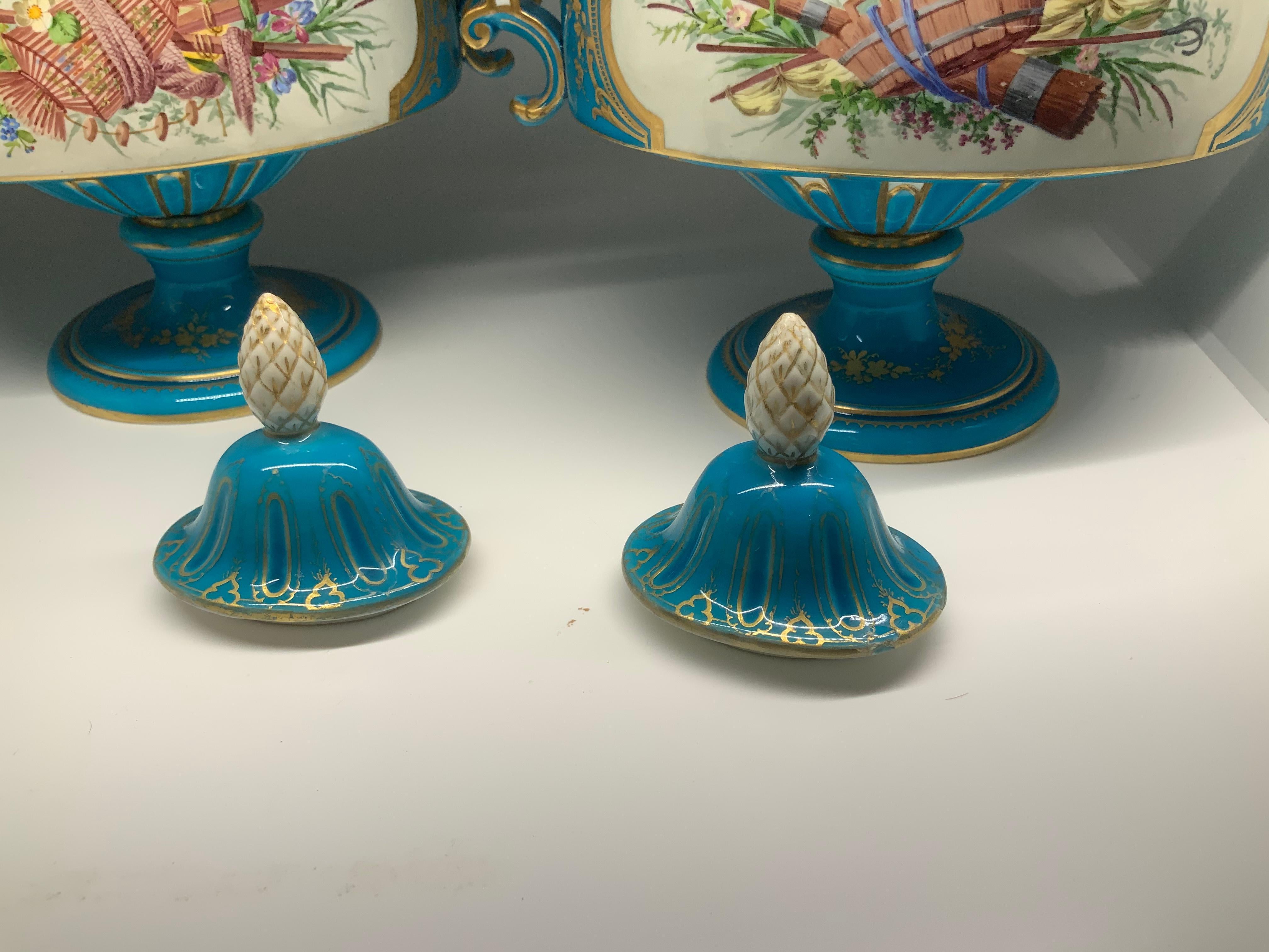 Pair of Sevres Hand Painted Turquoise Porcelain Lidded Urns For Sale 1