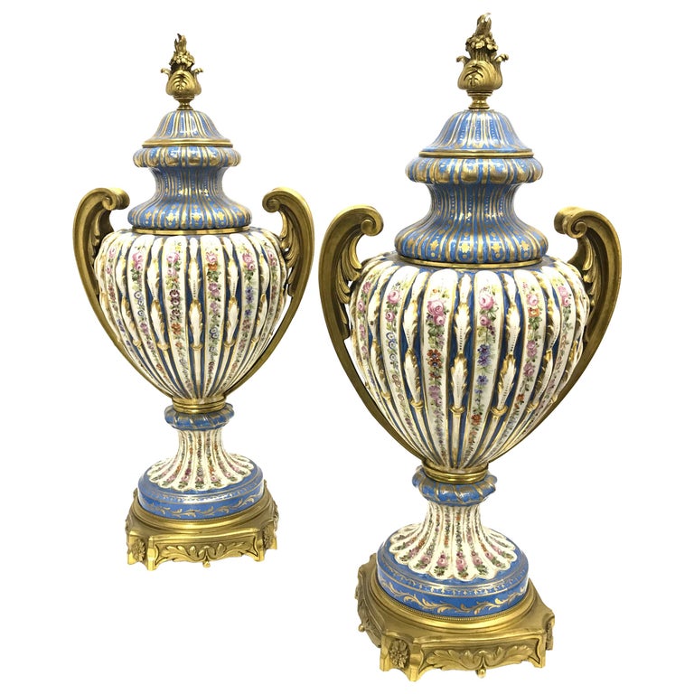 Pair of Sèvres Hand Painted Vases with Bronze Fittings, France, circa