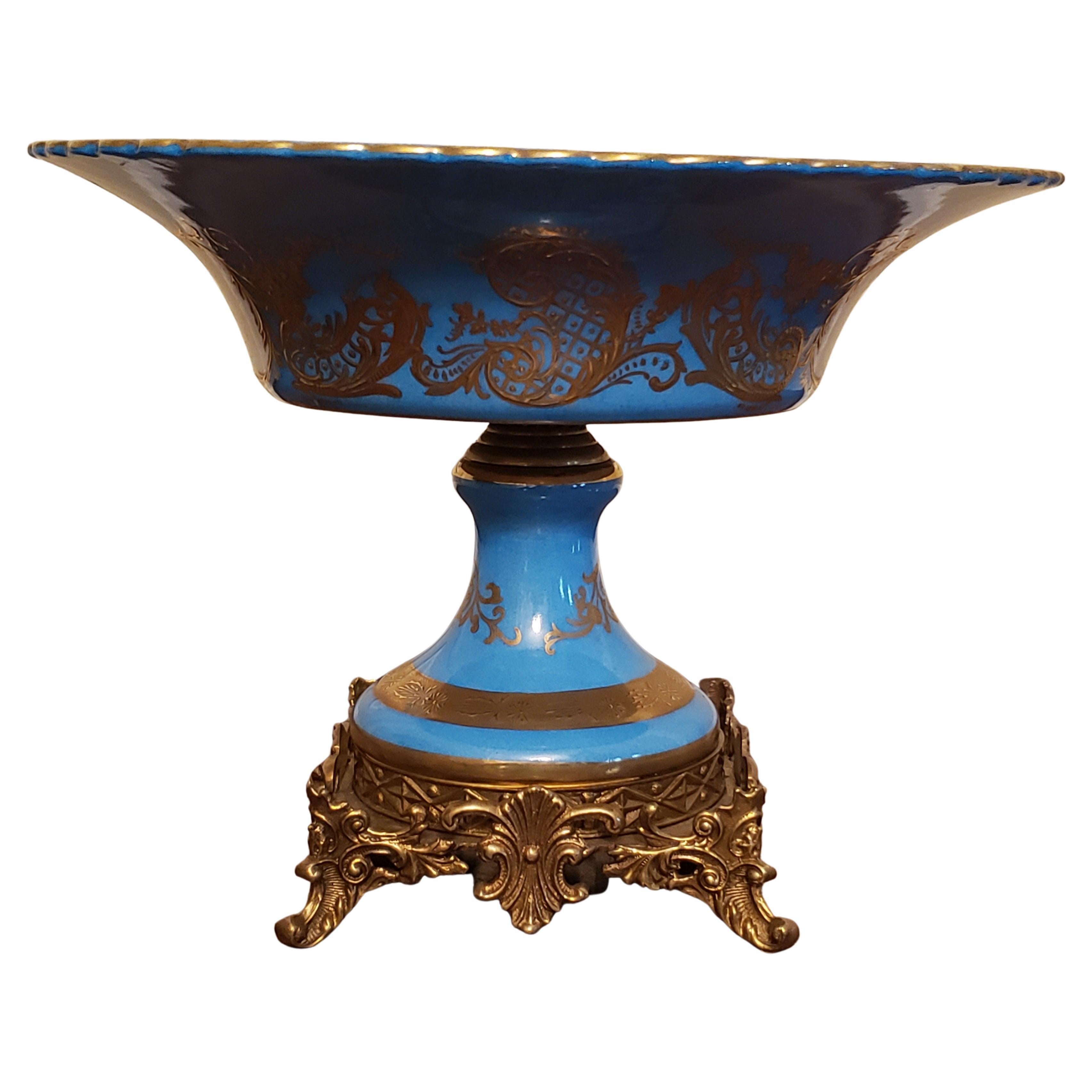 Victorian Pair of Sevres Patinated Metal Mounted Blue Celeste Roman Compotes, 1870s For Sale