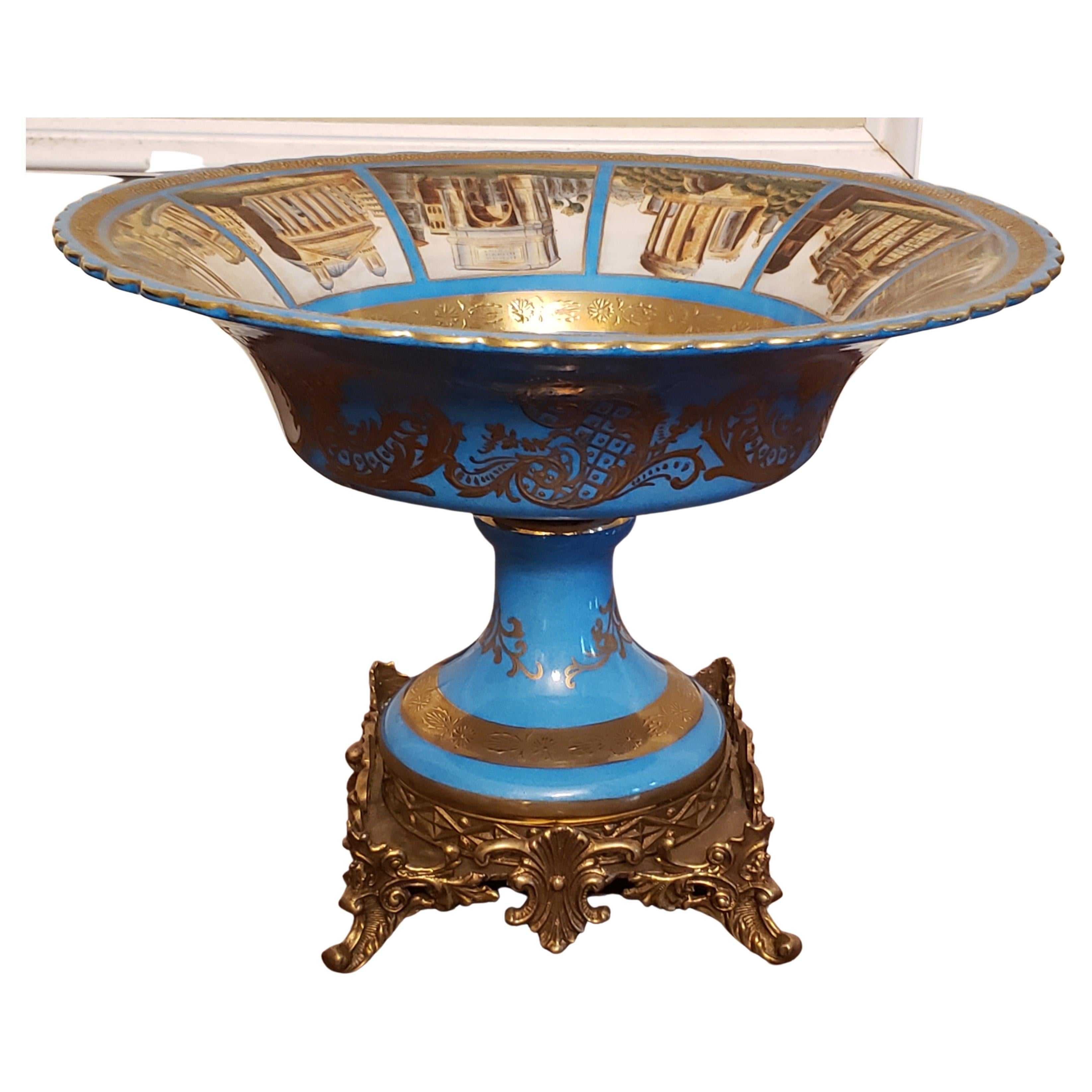 Italian Pair of Sevres Patinated Metal Mounted Blue Celeste Roman Compotes, 1870s For Sale