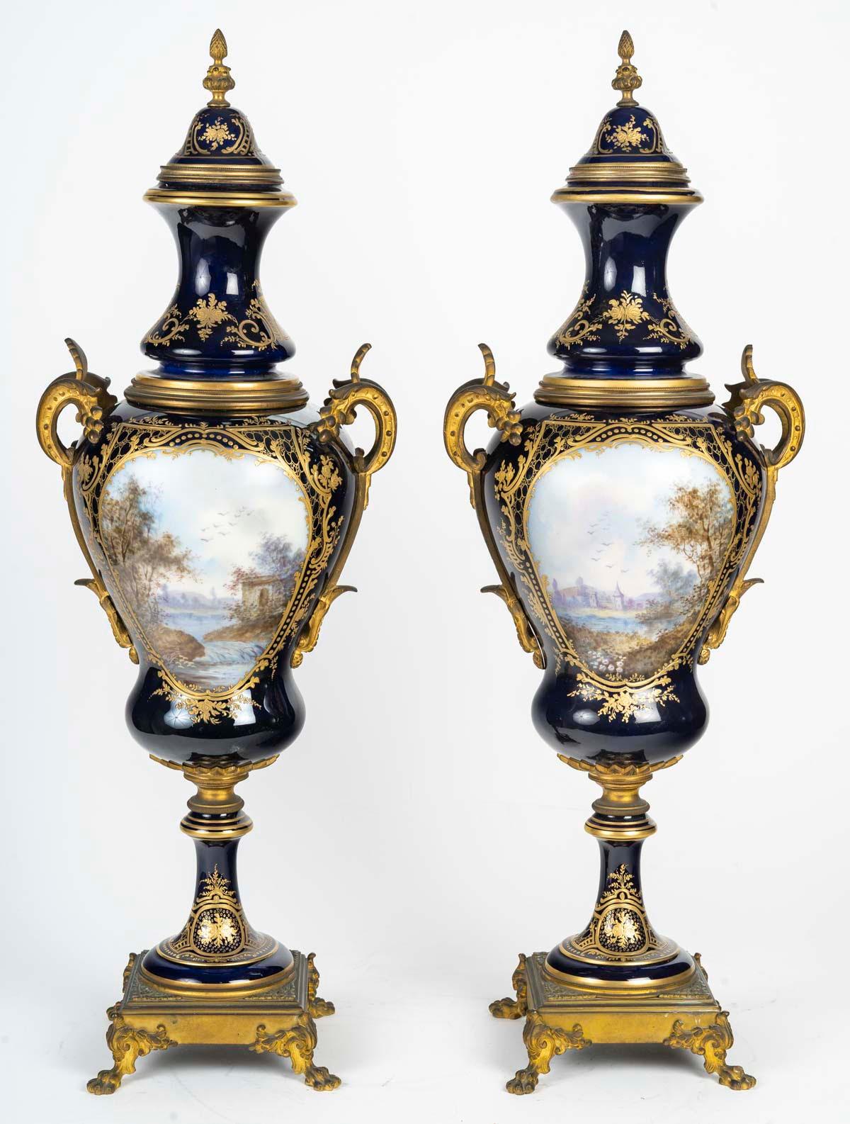 Bronzo Coppia di vasi in porcellana di Sèvres e bronzo dorato, XIX secolo. in vendita