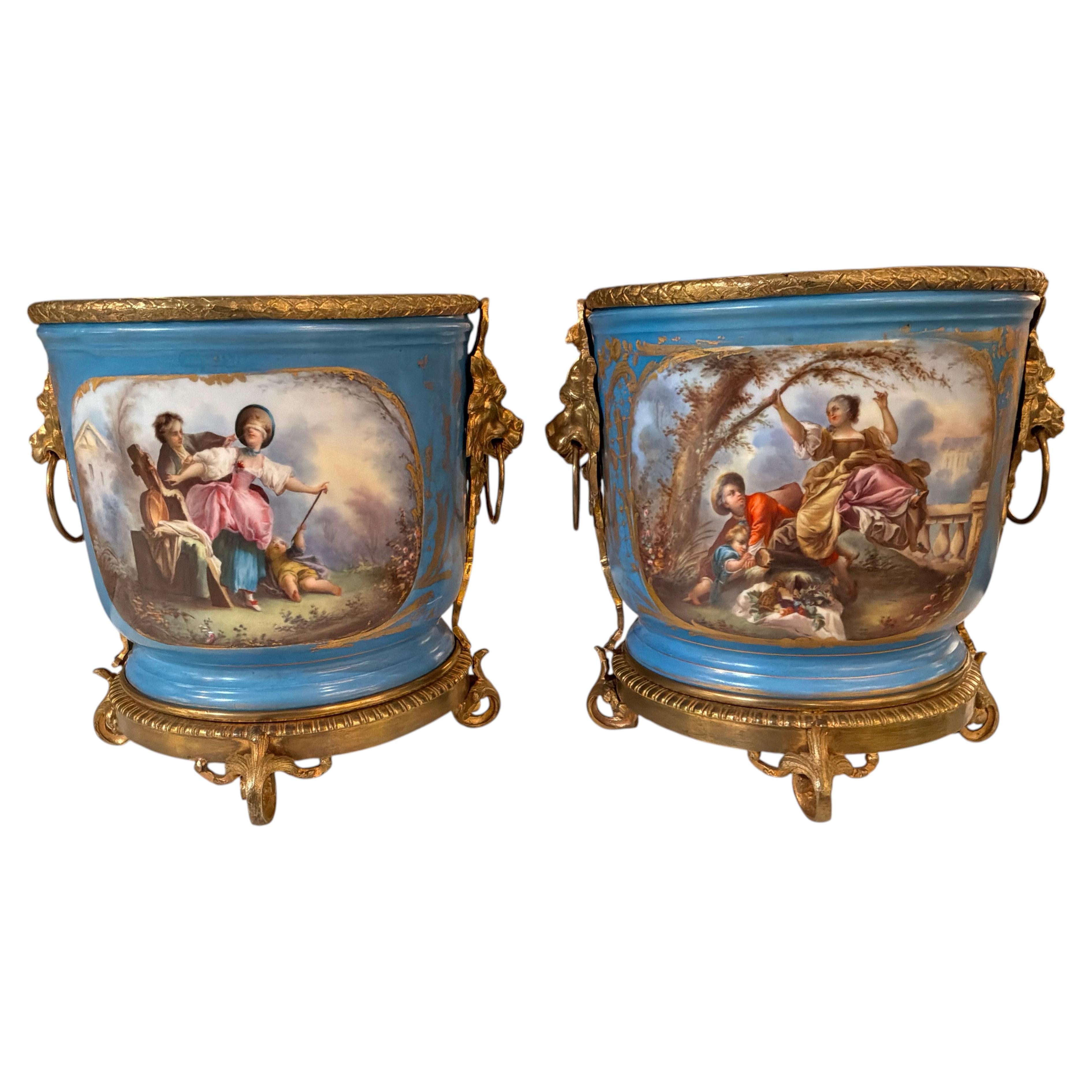Pair of Sevres Porcelain Cache Pots or Planters-jardinière, Celeste Bleu
