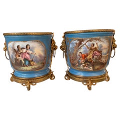 Pair of Sevres Porcelain Cache Pots or Planters-jardinière, Celeste Bleu