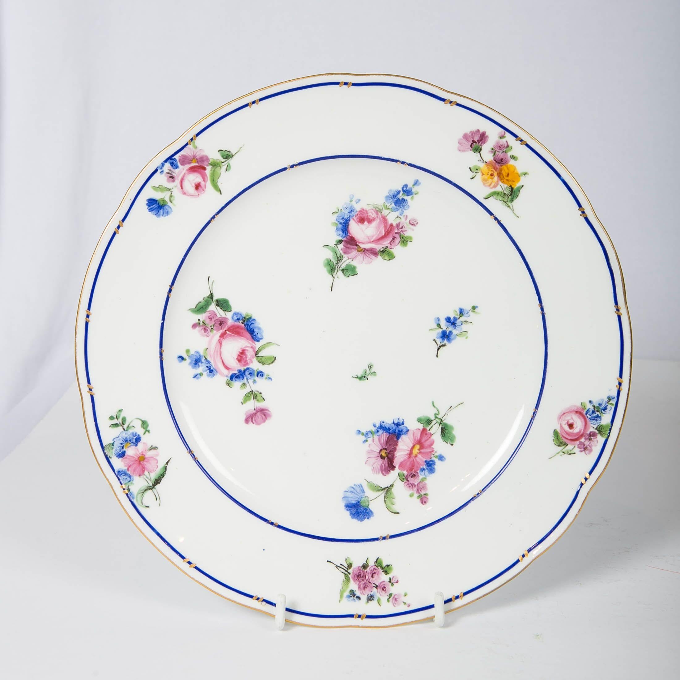 French Pair of Sèvres Porcelain Dishes Painted with Delicate Flowers Made France