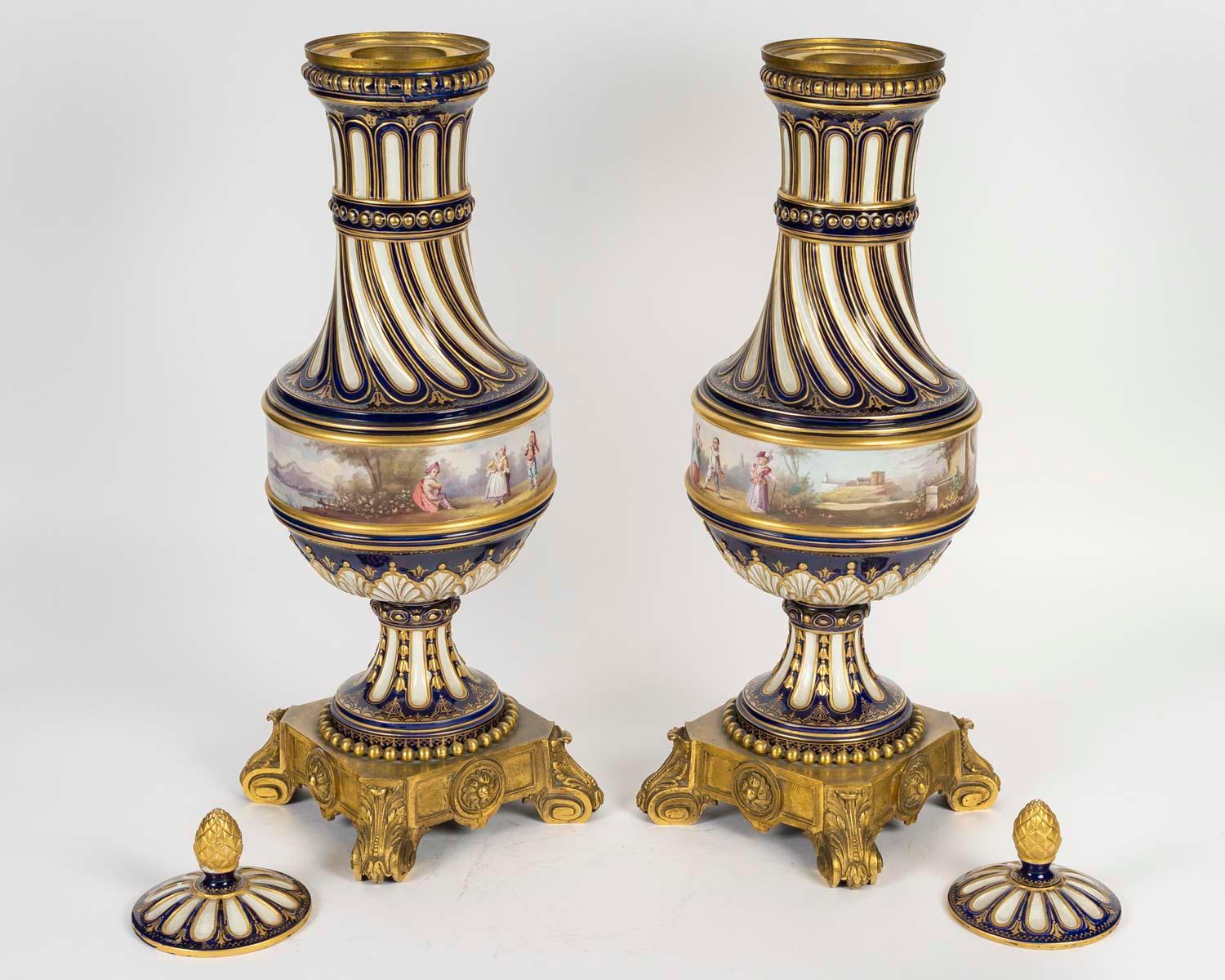 Pair of Sèvres Porcelain Gilt Bronze Covered Vases, Napoleon III Period. For Sale 5