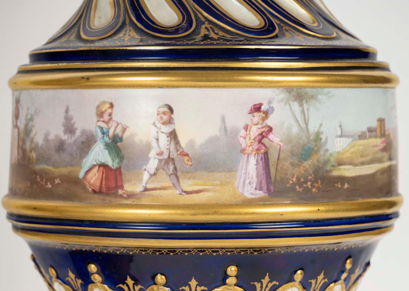 French Pair of Sèvres Porcelain Gilt Bronze Covered Vases, Napoleon III Period. For Sale