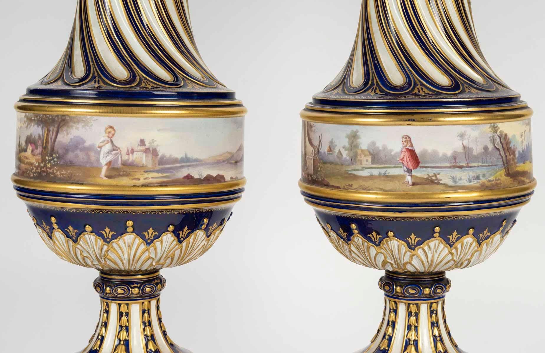 19th Century Pair of Sèvres Porcelain Gilt Bronze Covered Vases, Napoleon III Period. For Sale