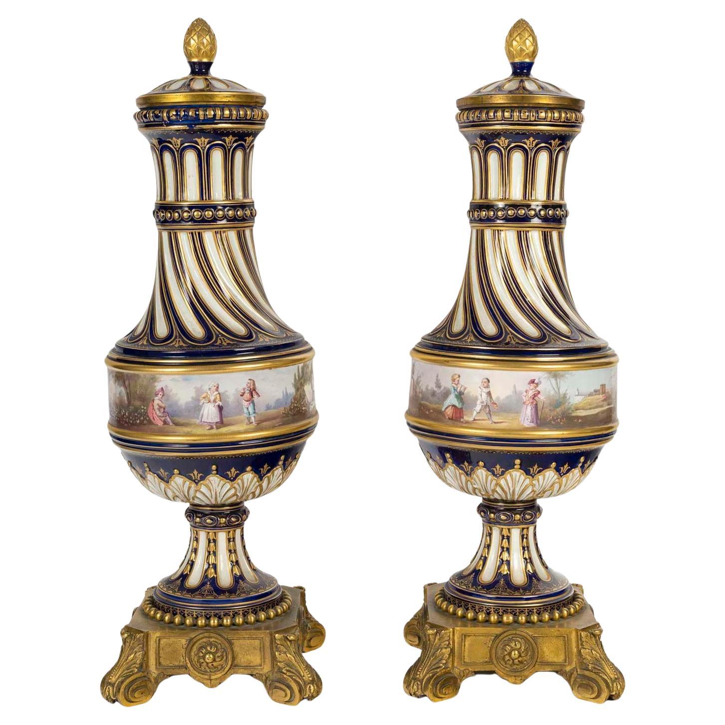 Pair of Sèvres Porcelain Gilt Bronze Covered Vases, Napoleon III Period.