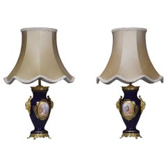 Antique Pair of Sevres Porcelain Painted Vase Form Table Lamps
