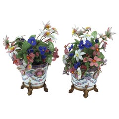 Pair of Sèvres Porcelain Planters with Beaded Flowers, 19th Century French