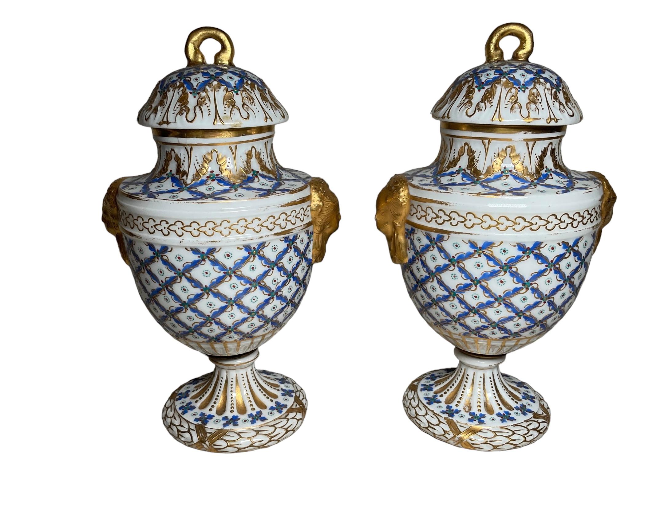 Neoclassical Pair of Sevres Porcelain Small Urns 