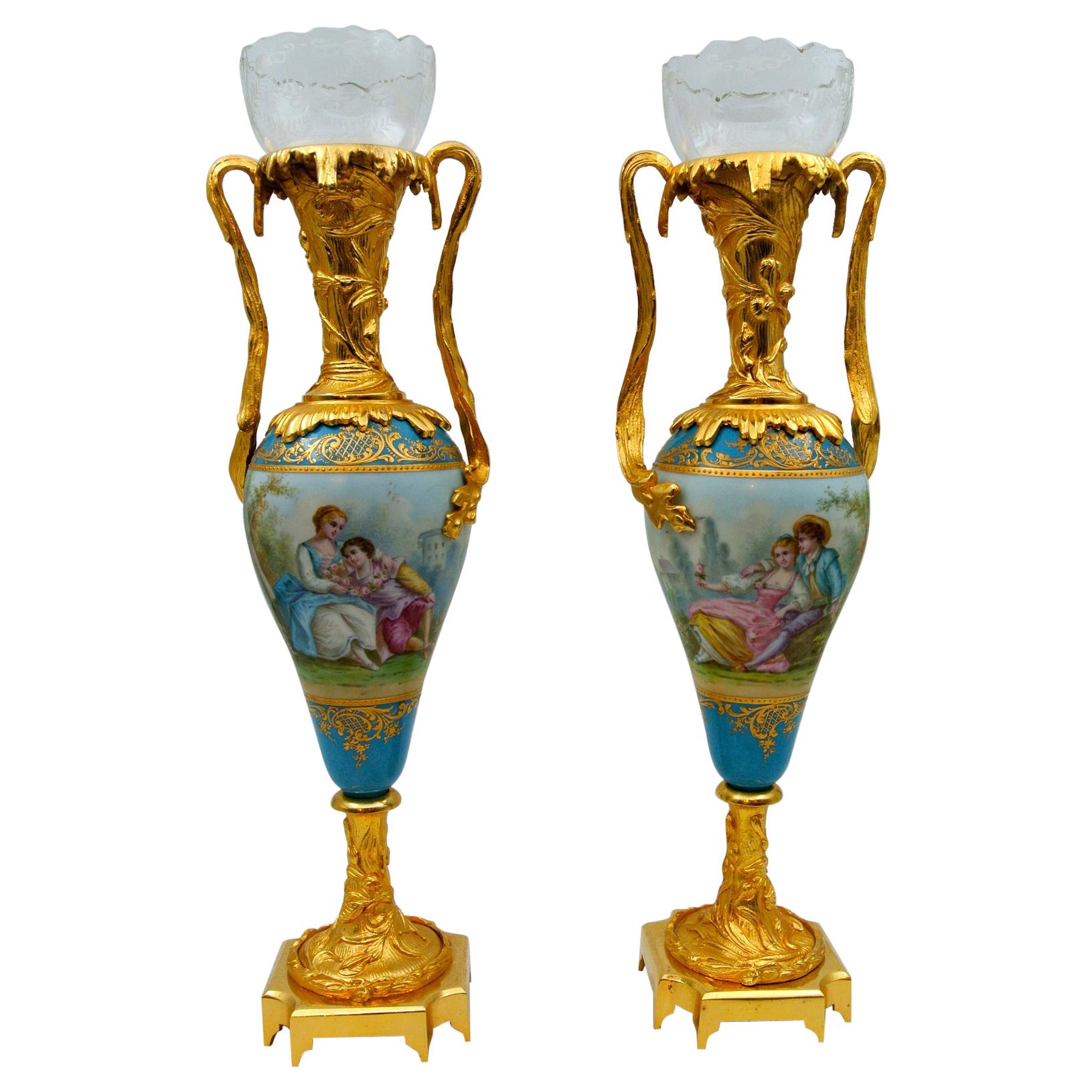 Pair of French Sèvres Style Gilded Porcelain Vases with Lion Heads For
