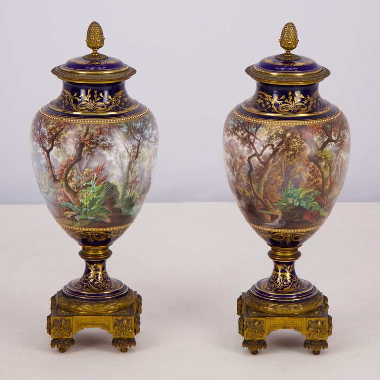 Pair of Sèvres porcelain vases mounted in gilt bronze painted by J