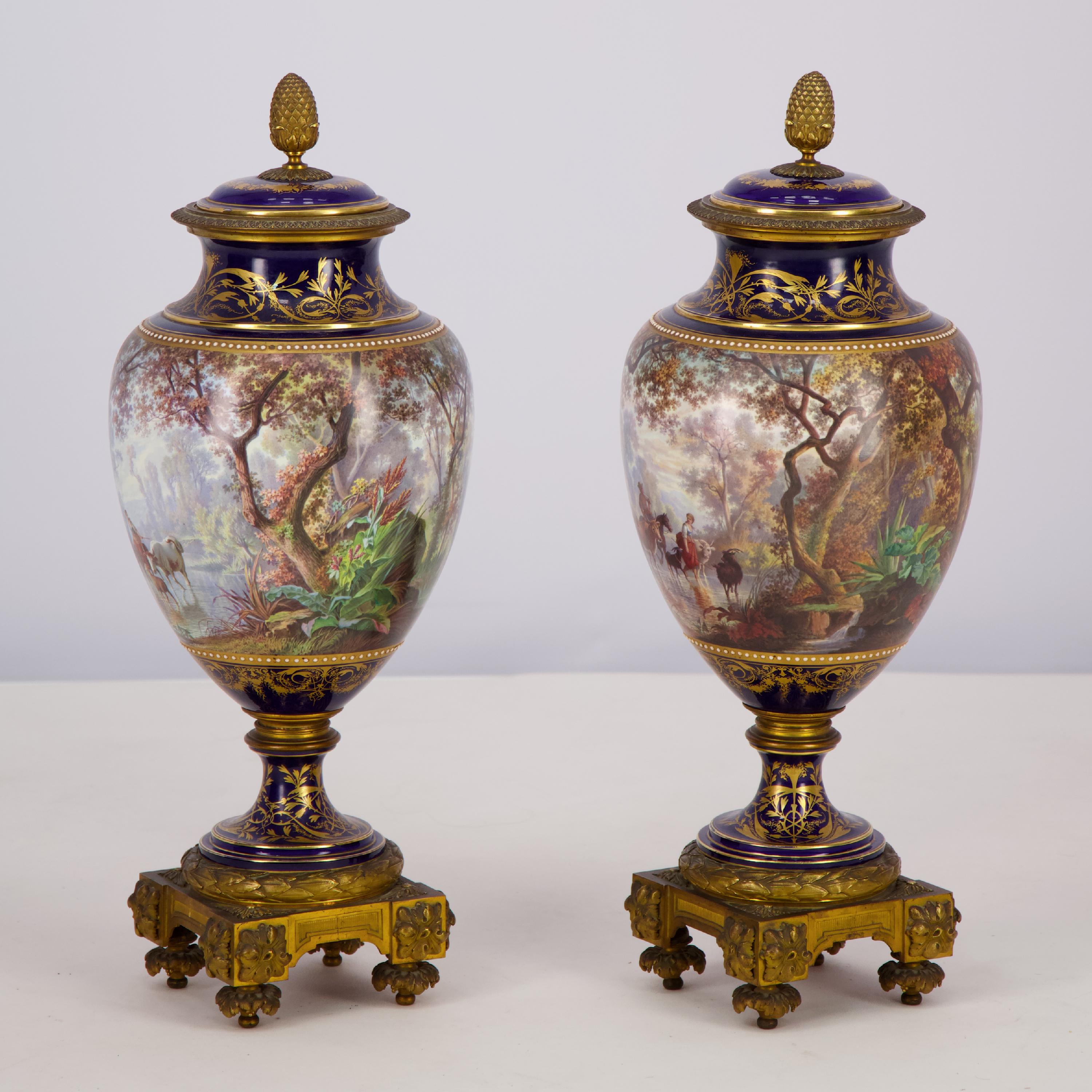 Français Paire de vases en porcelaine de Sèvres montés en bronze doré peints par J. Machereau en vente