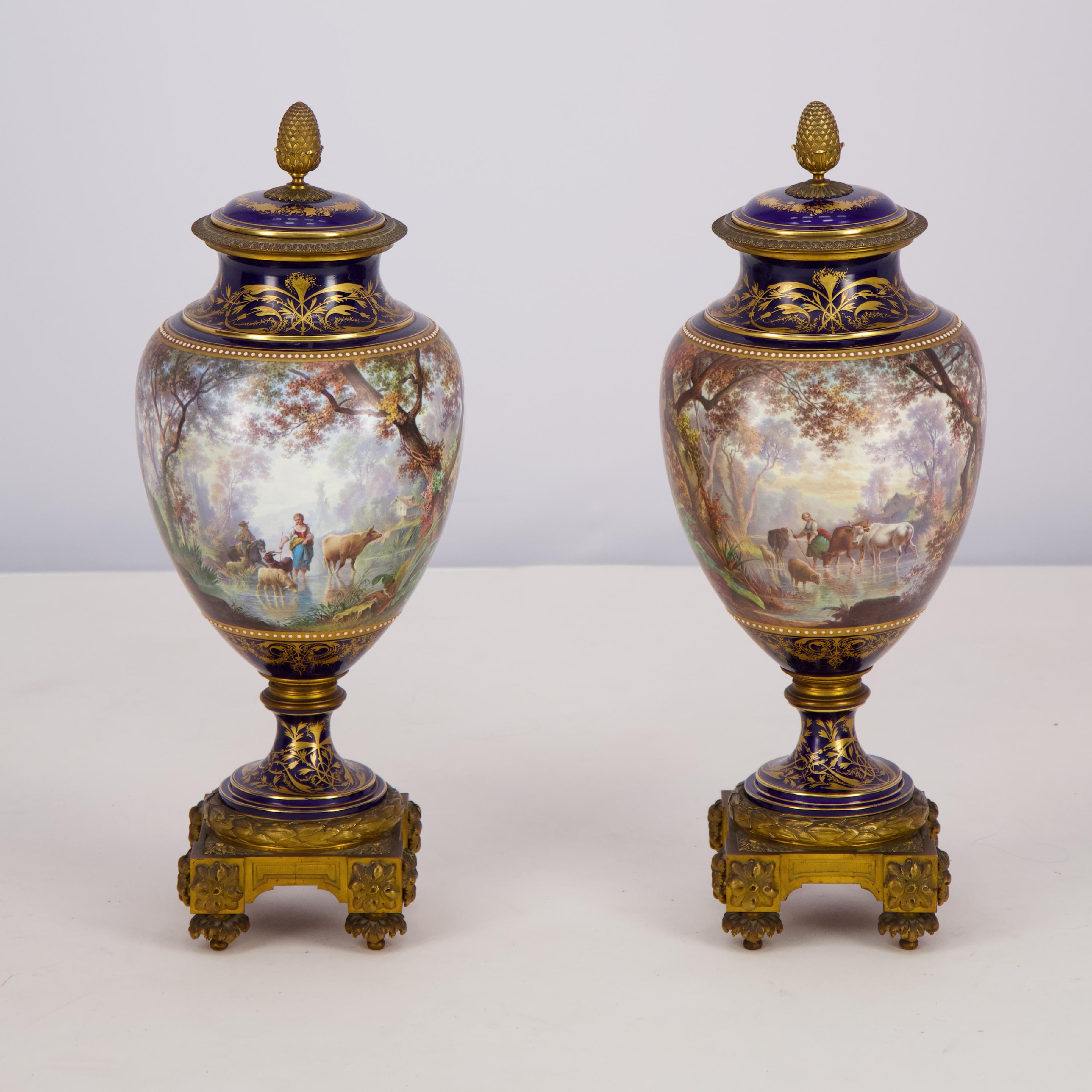 Doré Paire de vases en porcelaine de Sèvres montés en bronze doré peints par J. Machereau en vente