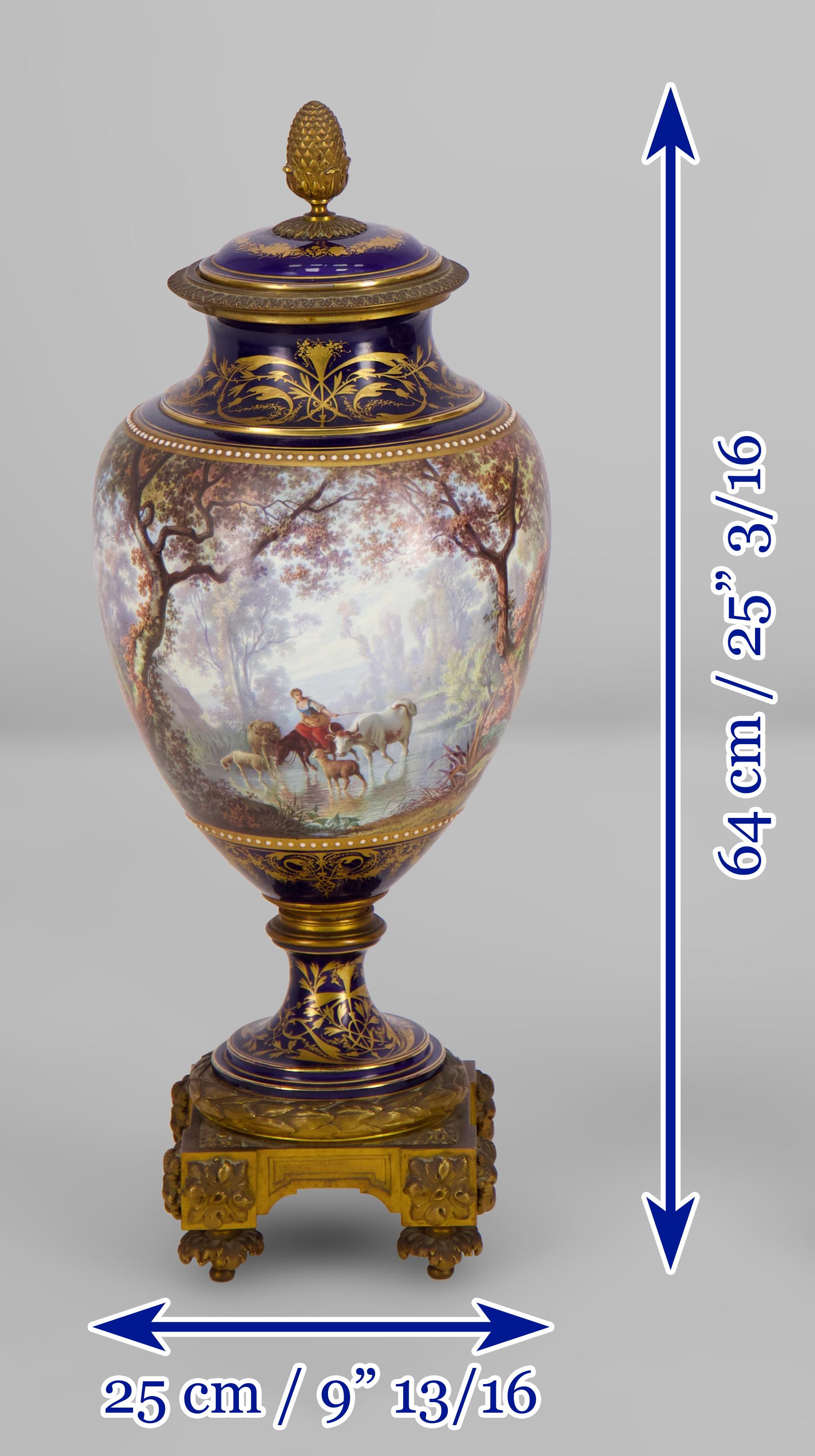 Pair of Sèvres porcelain vases mounted in gilt bronze painted by J. Machereau In Good Condition For Sale In SAINT-OUEN-SUR-SEINE, FR