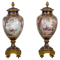 Antique Pair of Sèvres porcelain vases mounted in gilt bronze painted by J. Machereau