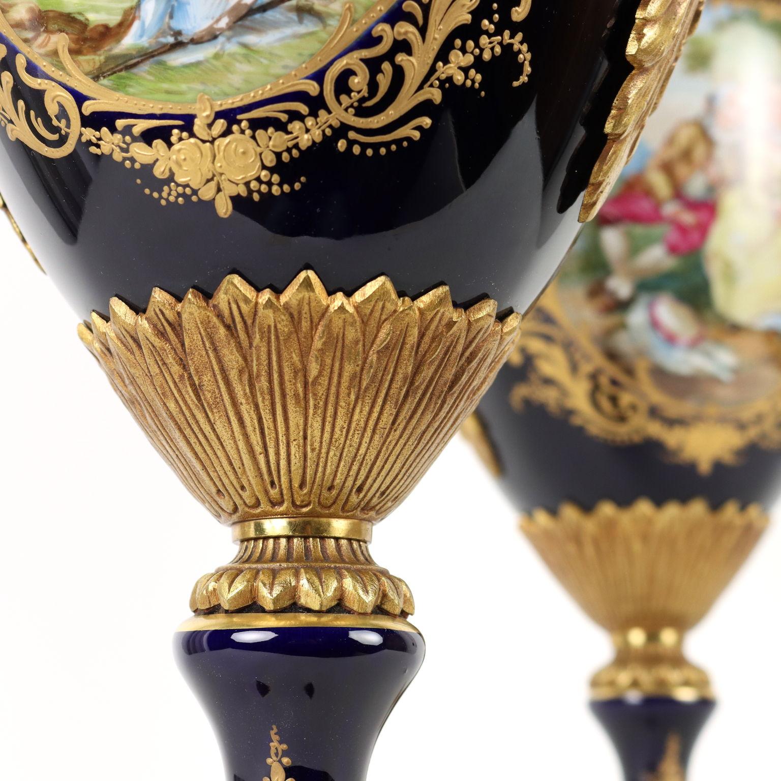Bronze Pair of Sèvres Porcelain Vases, XXth Century For Sale