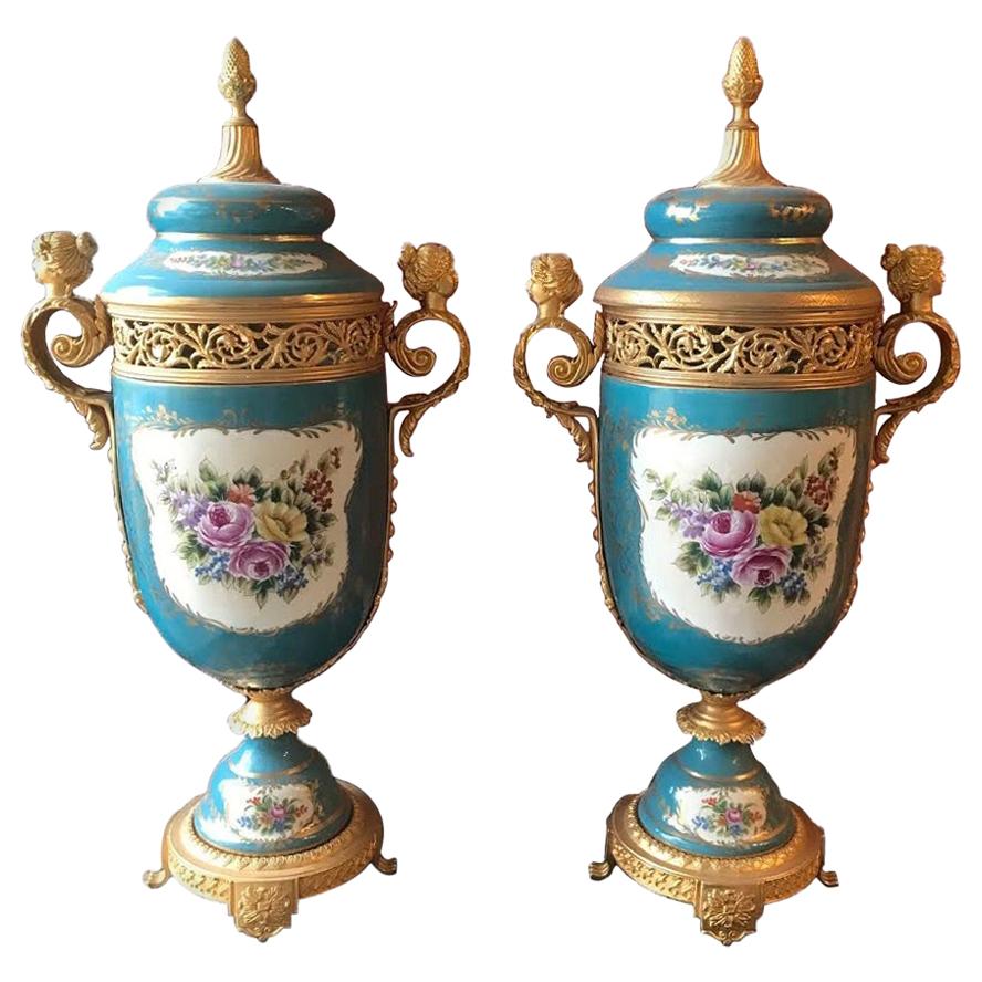Pair of Sevres Style and Bronze Covered Urns, French