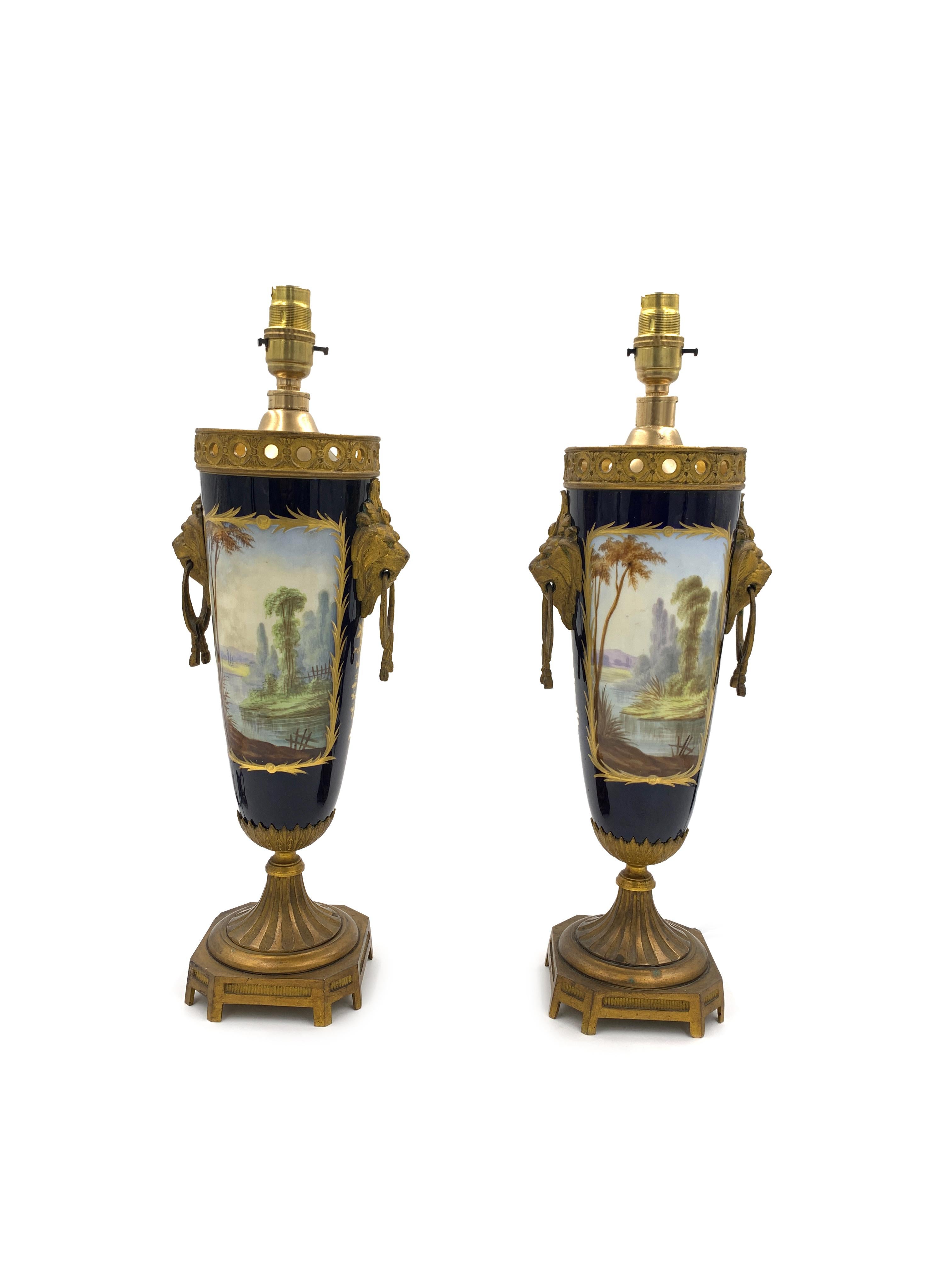 19th Century Pair of Sèvres Style and Ormolu French Hand-Painted Porcelain Table Lamps For Sale