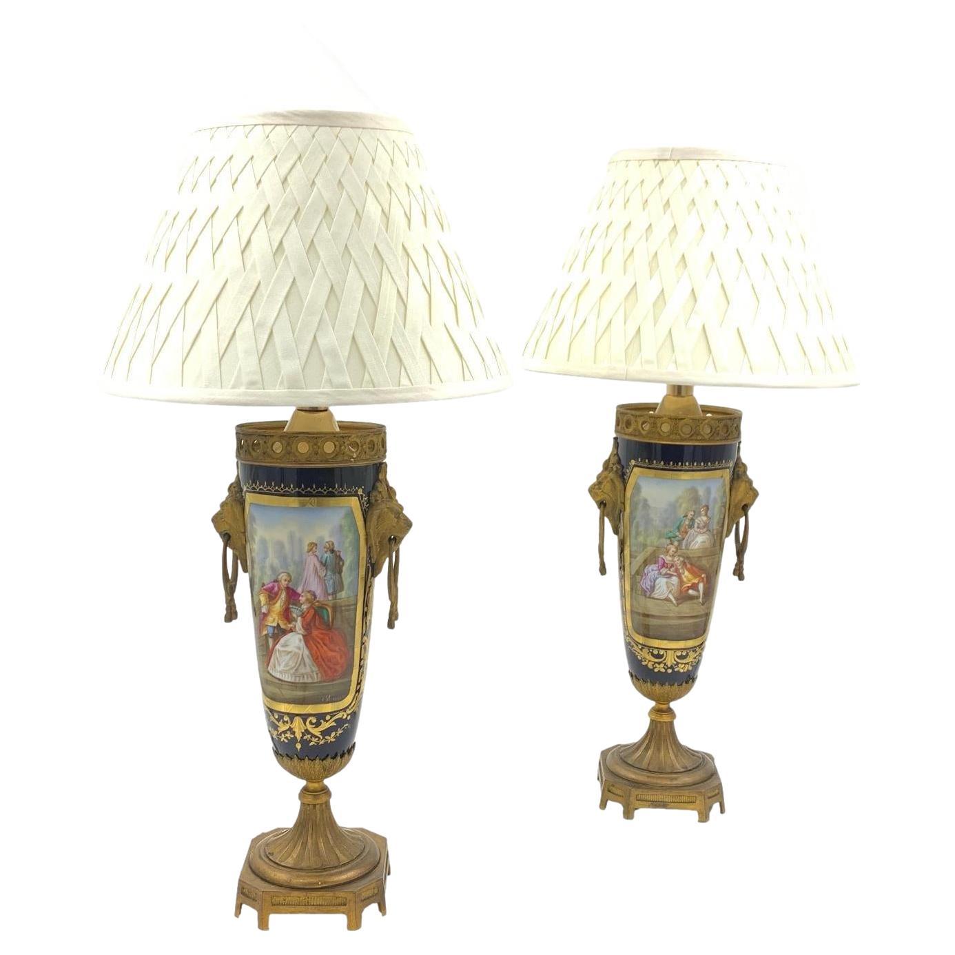 Pair of Sèvres Style and Ormolu French Hand-Painted Porcelain Table Lamps For Sale